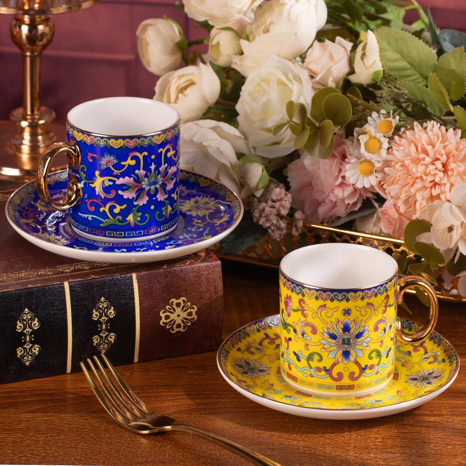 KAMMAK Tea Cups and Saucers Set of 2, Porcelain Coffee Cups, 7oz Stackable Espresso Mugs, Ceramic Demitasse for Coffee, Latte, Americano, Tea (639N+640N)