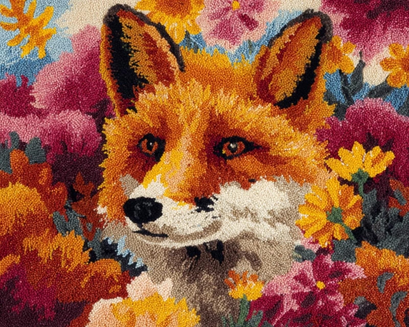 Wallphantom Latch Hook Kits Rugs,Foxes and Flowers,Handmade Self Knotting Set,Tapestry Kits for Adults,Cushion Latch Hook Rug Pre-Printed Pattern Craft for Adults,80x115cm