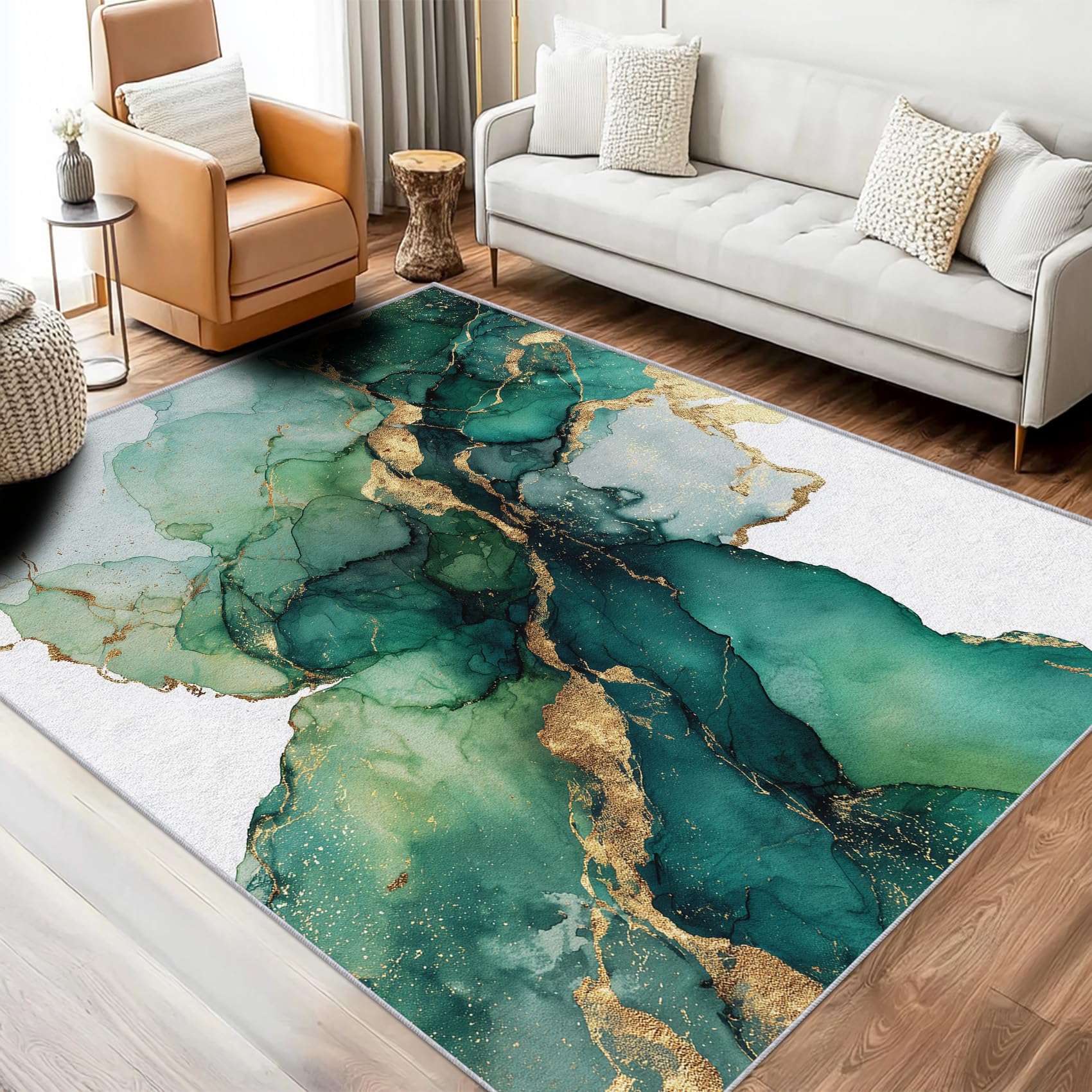 Generisch Tie-Dye Teppich Klein 80 x 150 cm Wohnzimmer Mit Grün Gold Marmor Muster, Tie-Dye Bettvorleger Schlafzimmer Deko, Waschbar Teppiche Gegend Kurzflor rutschfest