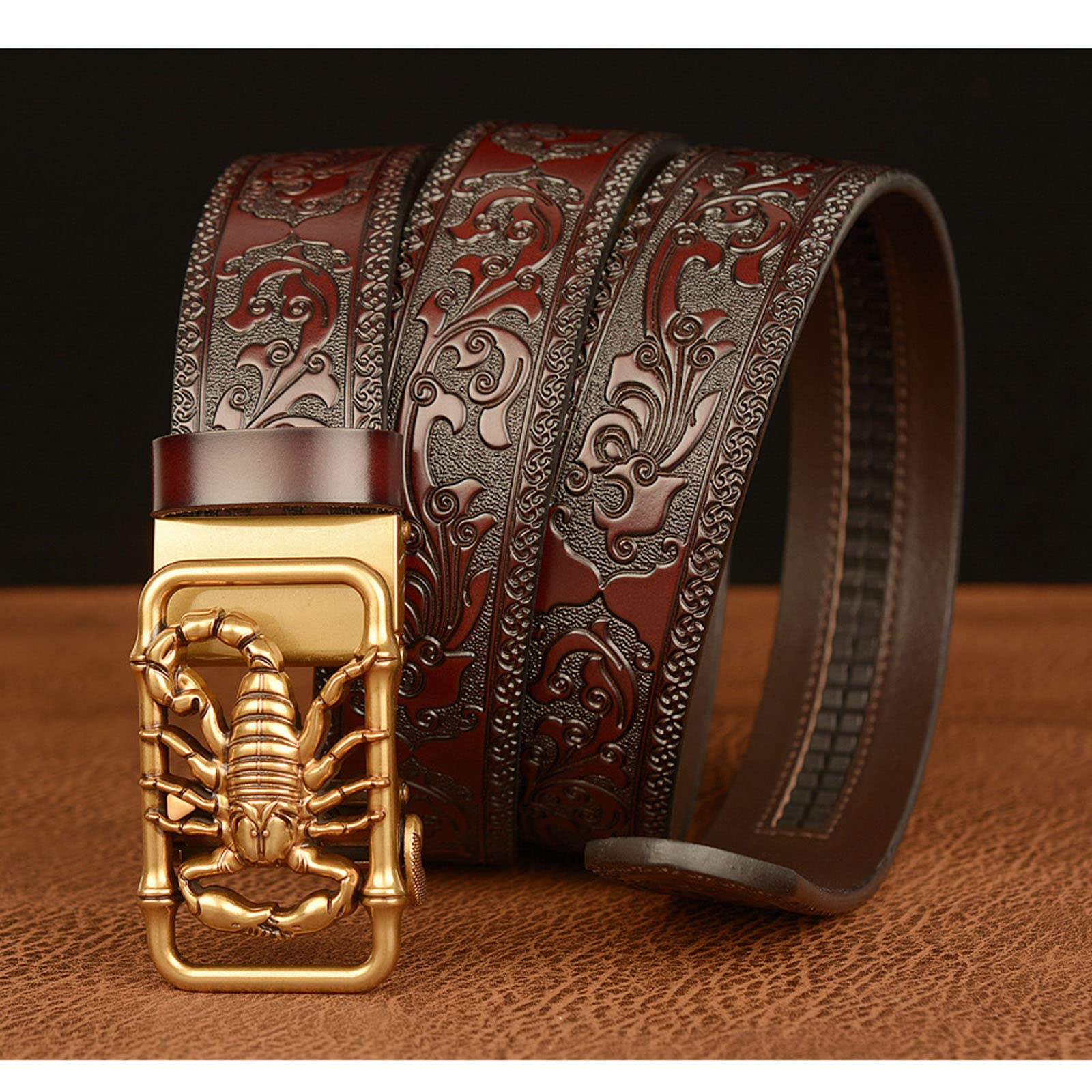 Men's Cowhide Western Belt - Gold Scorpion 3D Buckle, Automatic Ratchet Adjustable, Black/Silver, 125cm (49.2") - View #10