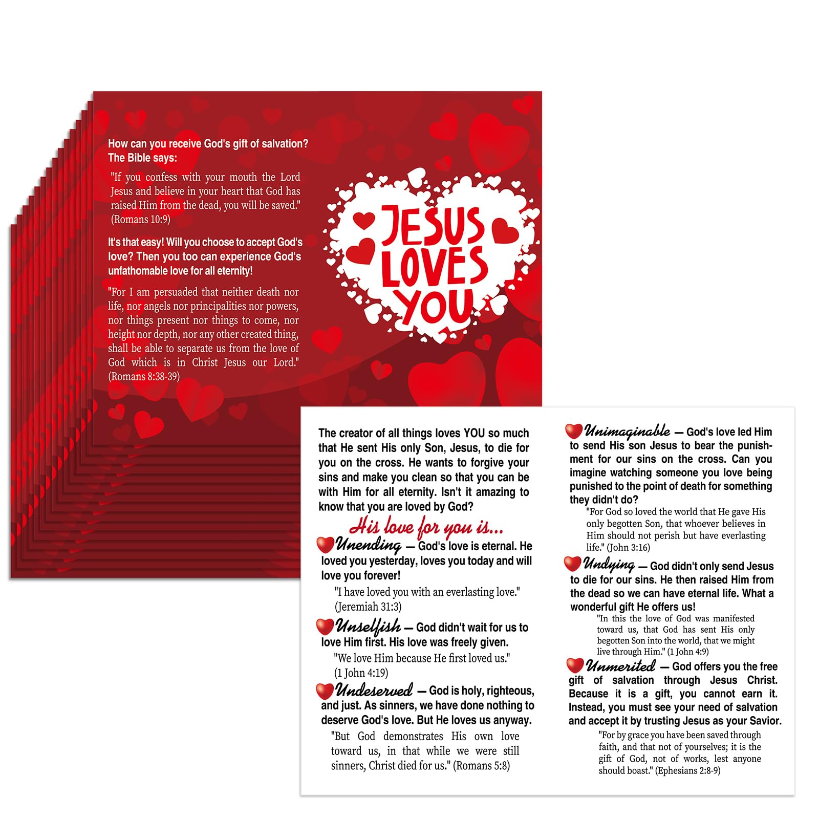 Dunzoom 300 Pcs Gospel Tract Card Salvation Plan Cards Bible Tracts 7 x 5.5 Inch Christian Inspirational Bible Verses Greeting Men Women Church Supplies(Jesus Loves You)
