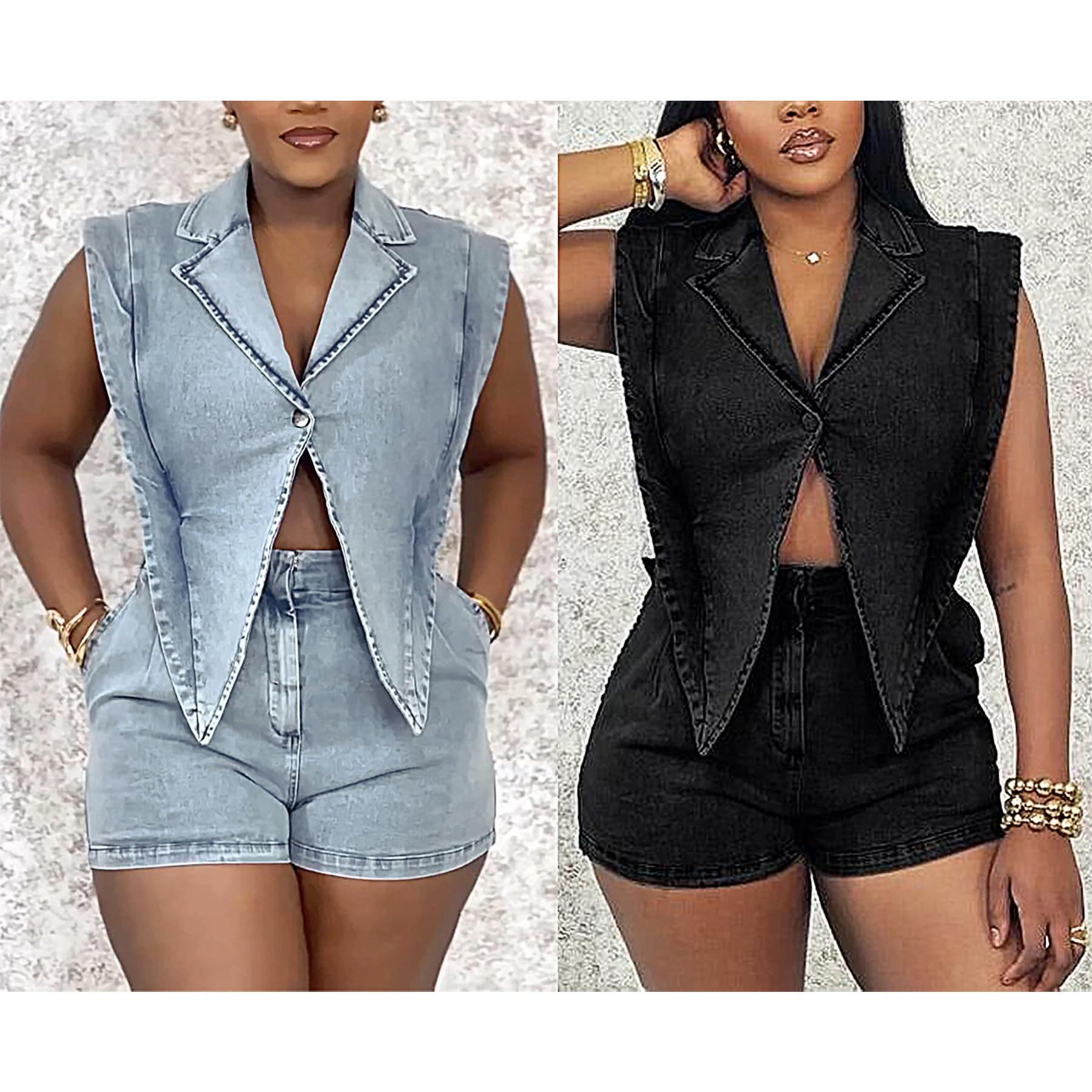 Ecirod Tuta in denim da donna, sexy, con scollo a V, con bottoni, cava, senza maniche, pantaloncini di jeans