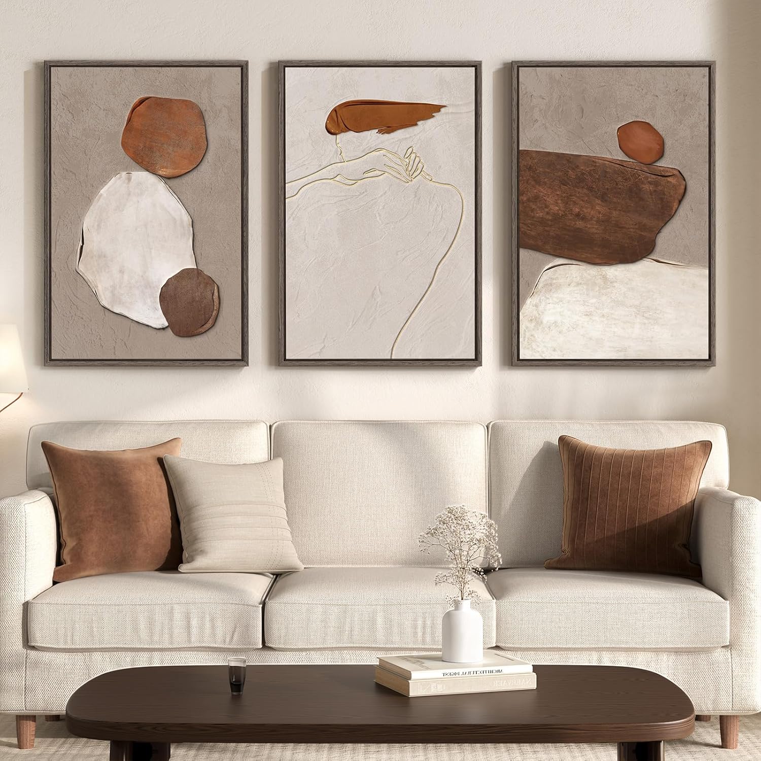 Large Framed Neutral Abstract Wall Art, 3 Piece Rustic Beige and Brown Canvas Prints Paintings Artwork for Walls, Minimalist Stone Pictures for Living Room Hallway Stair Office Wall Decor 20x30 In 20" W x 30" H x 3Pcs Earthy