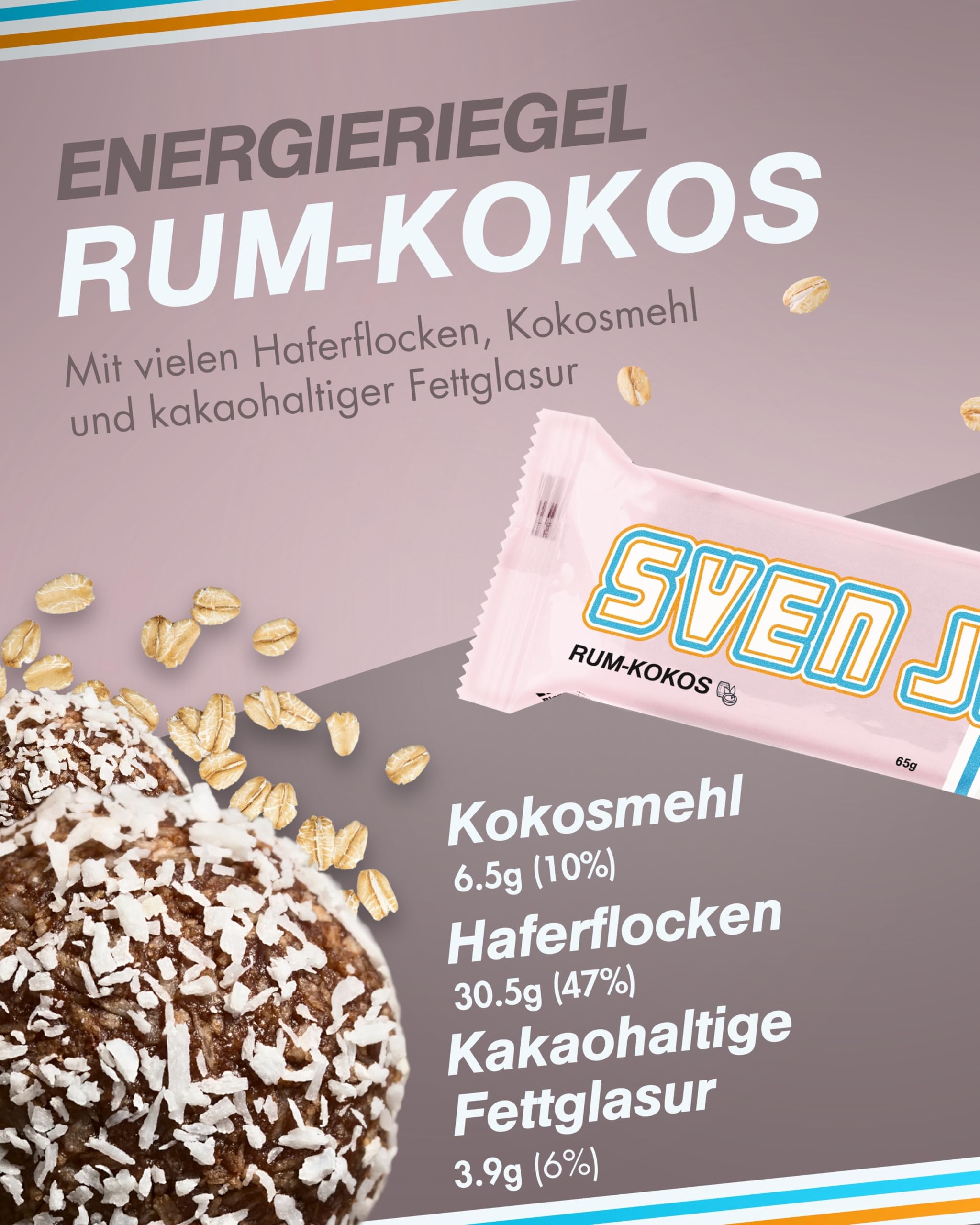Sven Jack (Energy Cake) Haferriegel Rum-Kokos 20x 65g I Original Haferflocken Energieriegel I Veganer & Laktosefreier Haferriegel I Langkettige Kohlenhydrate & wenig Zucker I Müsliriegel