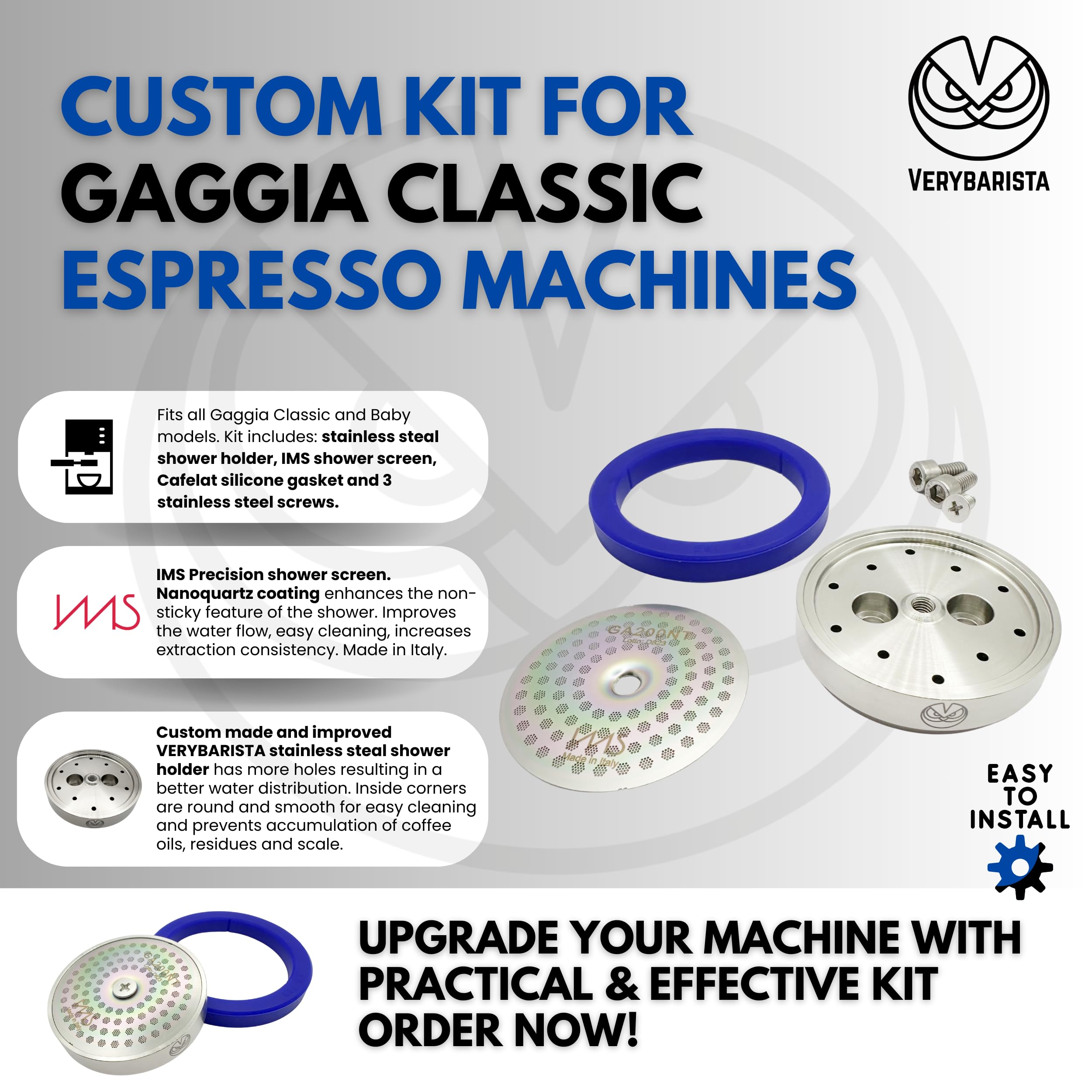 Kit di messa a punto Gaggia Classic Supporto doccia aggiornato in acciaio inox IMS Precision NanoTech GA200NT Guarnizione in silicone Cafelat Viti (kit di regolazione)
