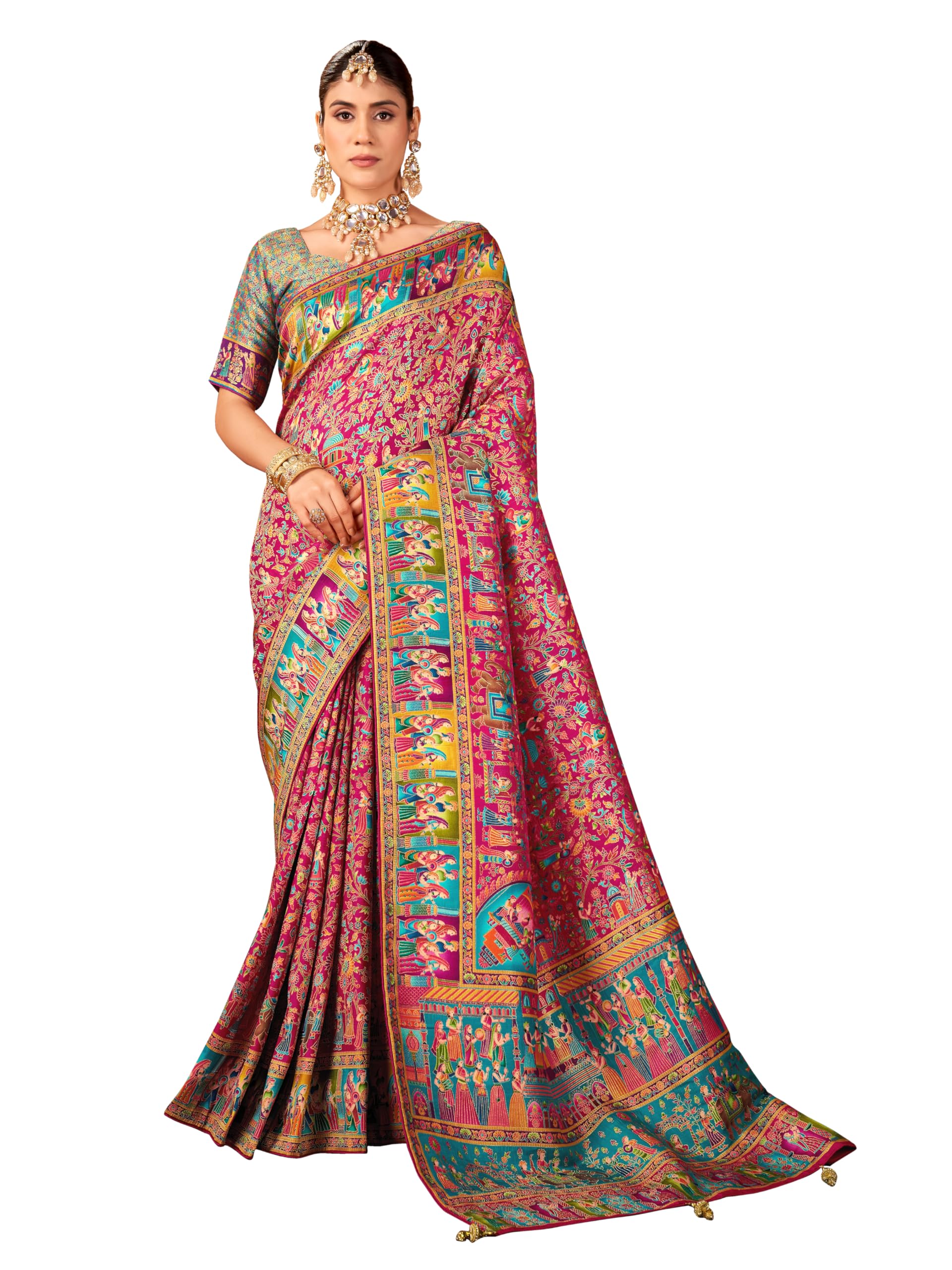 Glory Sarees Women’s Luxurious Dola Pure Silk Original Saree Position Print Work Madhubani Inspired Motifs Banarasi Kanjivaram Style Saree With Blouse Piece (Elegant101_Parent)