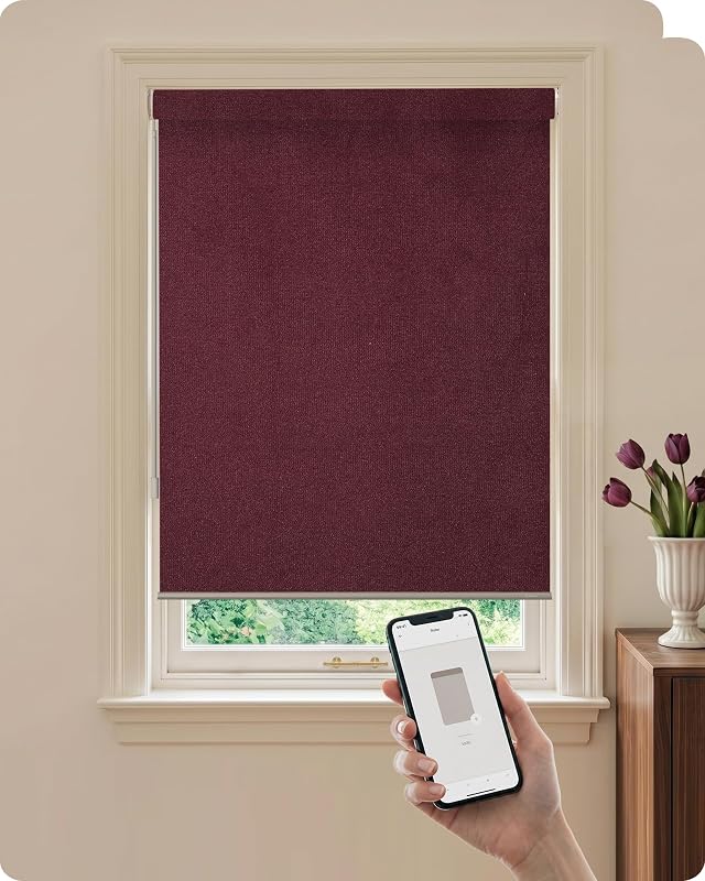 Graywind Motorized Blinds with Remote, 100% Blackout Smart Roller Shades, Matter Over Thread, Rechargeable Custom Window Blinds Work with HomeKit, Alexa & Google for Home Office, Plush Matte Wine