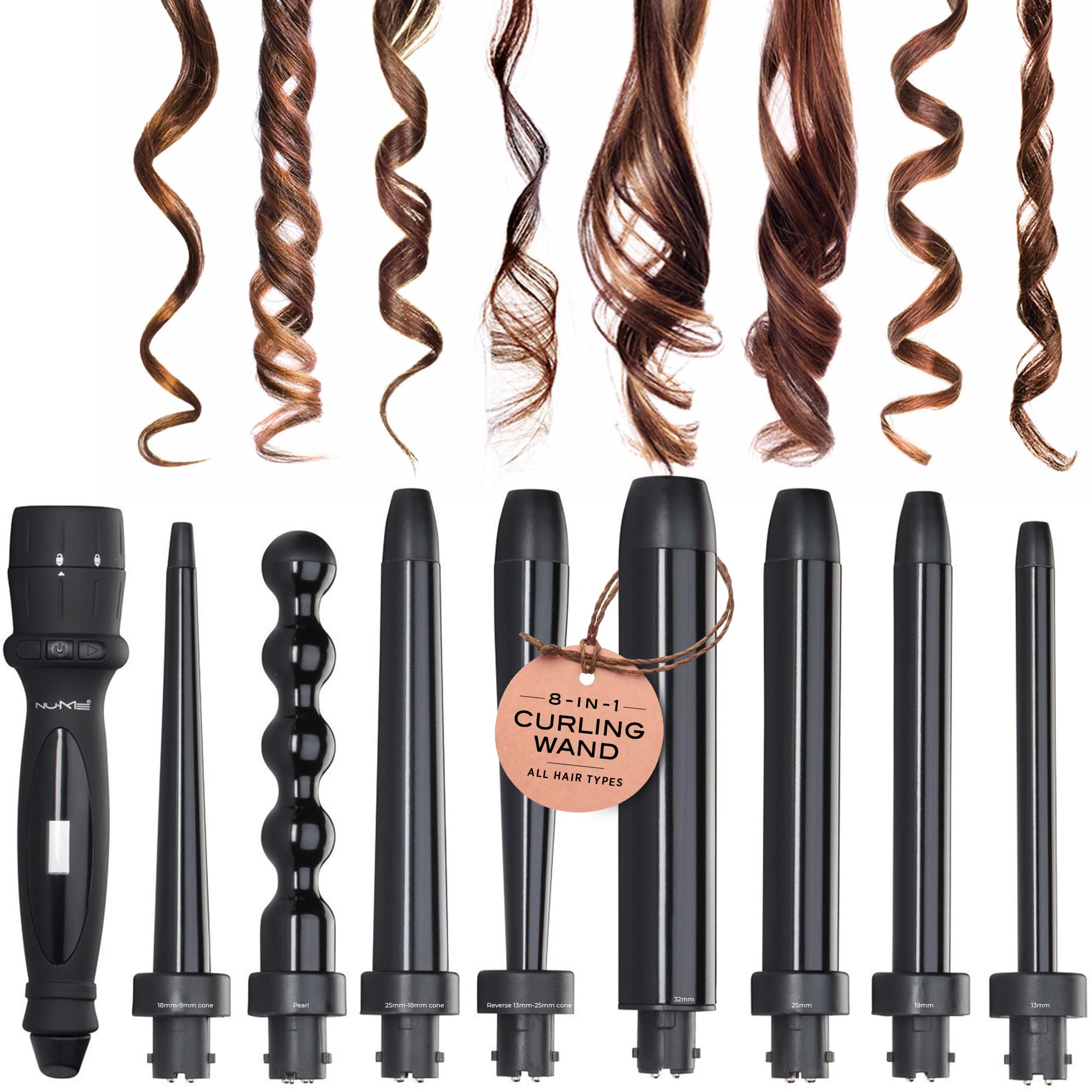NuMe Octowand 8-in-1 Curling Wand Set Interchangeable Tourmaline Ceramic Barrels 13mm - 32mm Heat-Resistant Glove and Travel Case LCD Digital Display | Interchangeable Tourmaline Ceramic Barr product thumbnail 2
