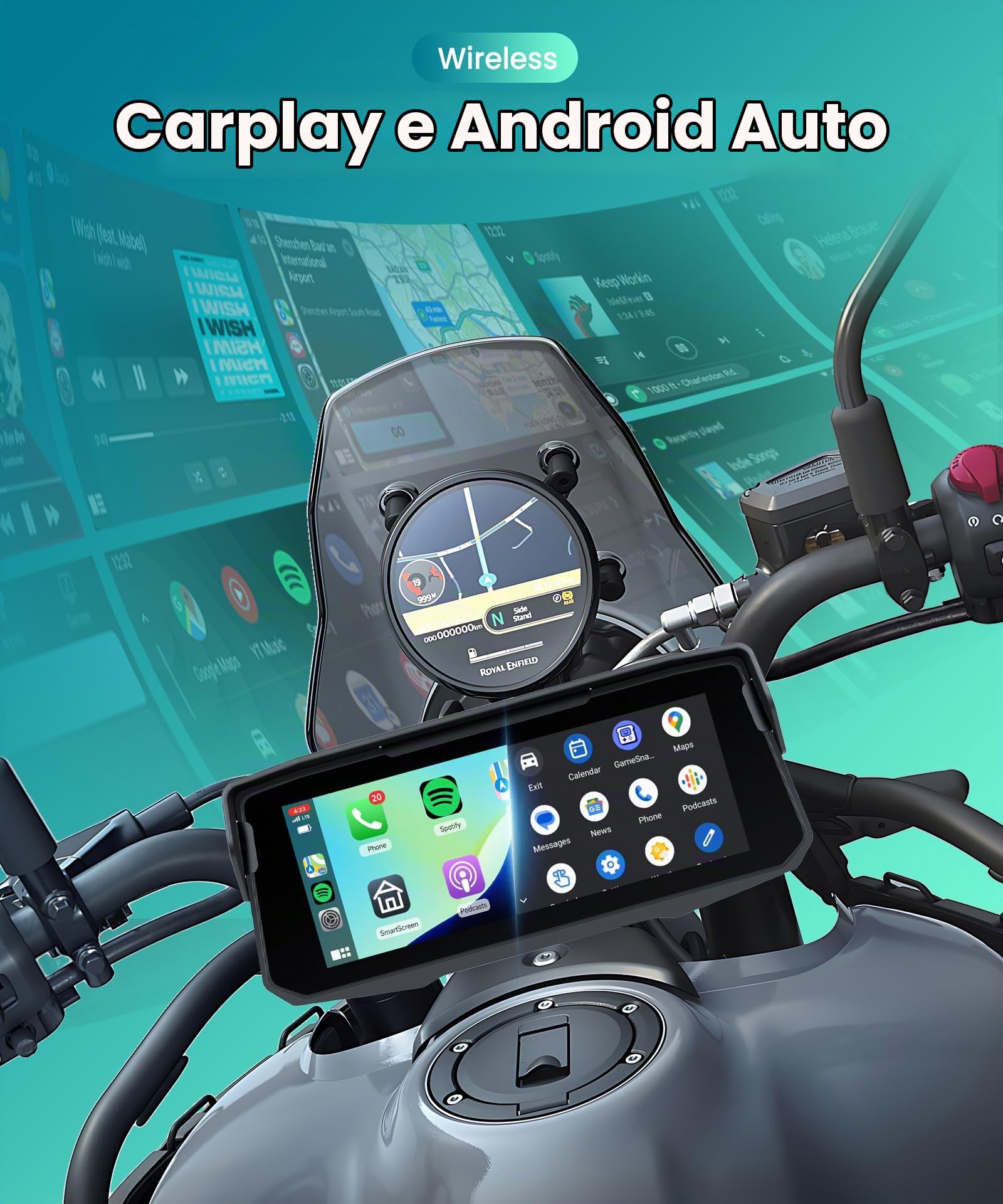 VECHTEL Navigatore Moto Carplay Android Auto senza Fili, 6.86 Pollice HD Touchscreen Navigazione per moto con Impermeabile IP68, EQ, Bluetooth, Assistente Siri/Goo-gle, TPMS