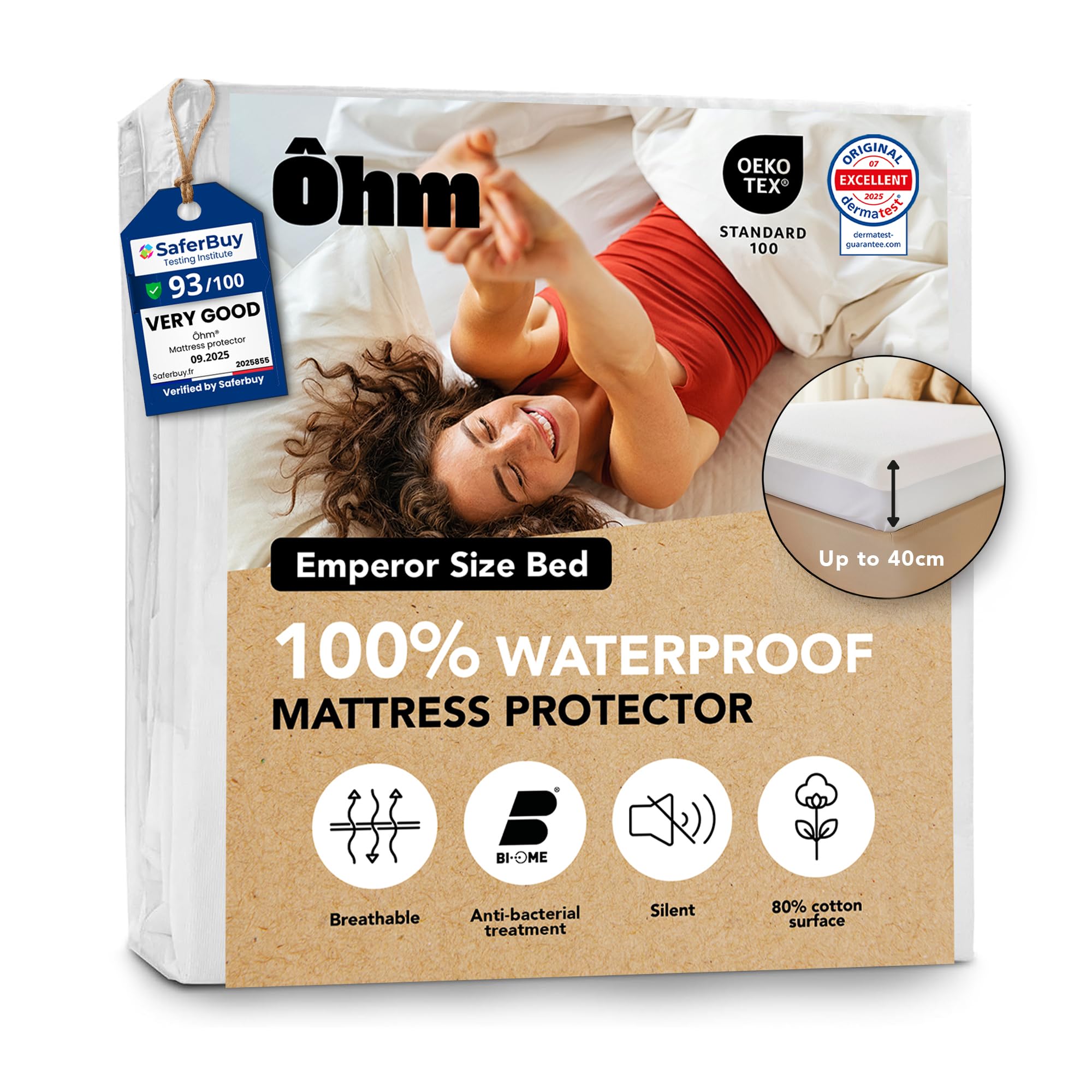 Waterproof Mattress Protector | Emperor Size Bed 200x200 cm | Hypoallergenic & Absorbent Cotton | Fitted Sheet Style | Noise-free | Anti-Dust Mite | Fits up to 40 cm Deep | OEKO-TEX Certified | Ôhm