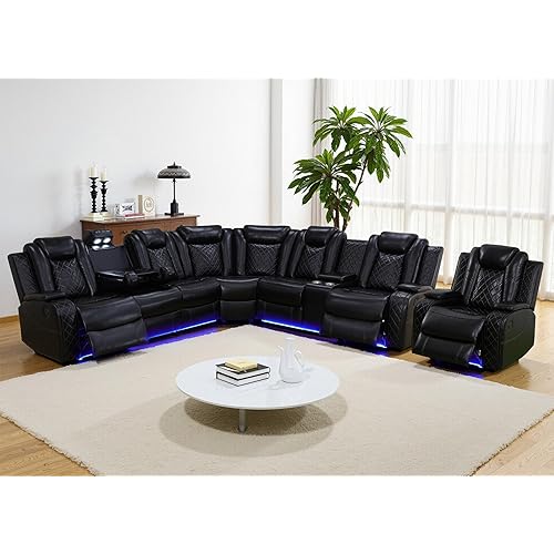Power Recliner Sofa Set with LED, Breathing Leather Sectional Couch for Living Room, Living Room Furniture Set L Shaped Reclining Couch and Chair with Cup Holders&Storage (Black)