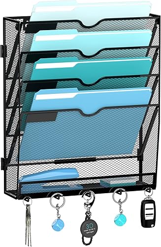 JMHUD 5 Tier Wall File Organizer - Hanging File Organizer with 5 Hooks, Mail Holder Wall Mounted for Papers, Folders, Magazines, Bills, Office&School Organization, Black