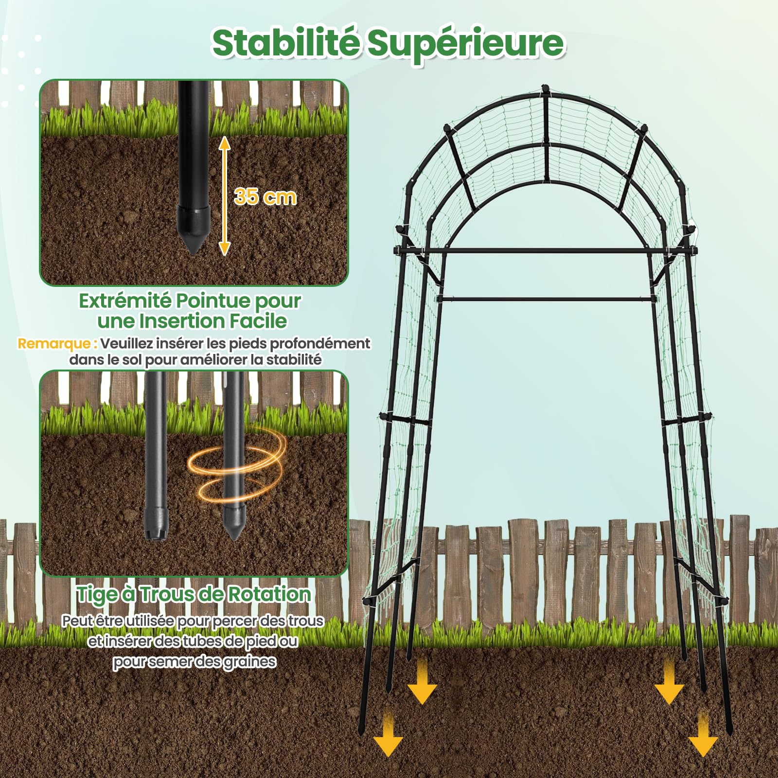 COSTWAY Arche de Jardin en Métal 230CM pour Plantes Grimpantes, Treillis pour Concombres Revêtu PE pour Vignes/Légumes/Fleurs, Décoration pour Commémoration Fête d'anniversaire, Noir