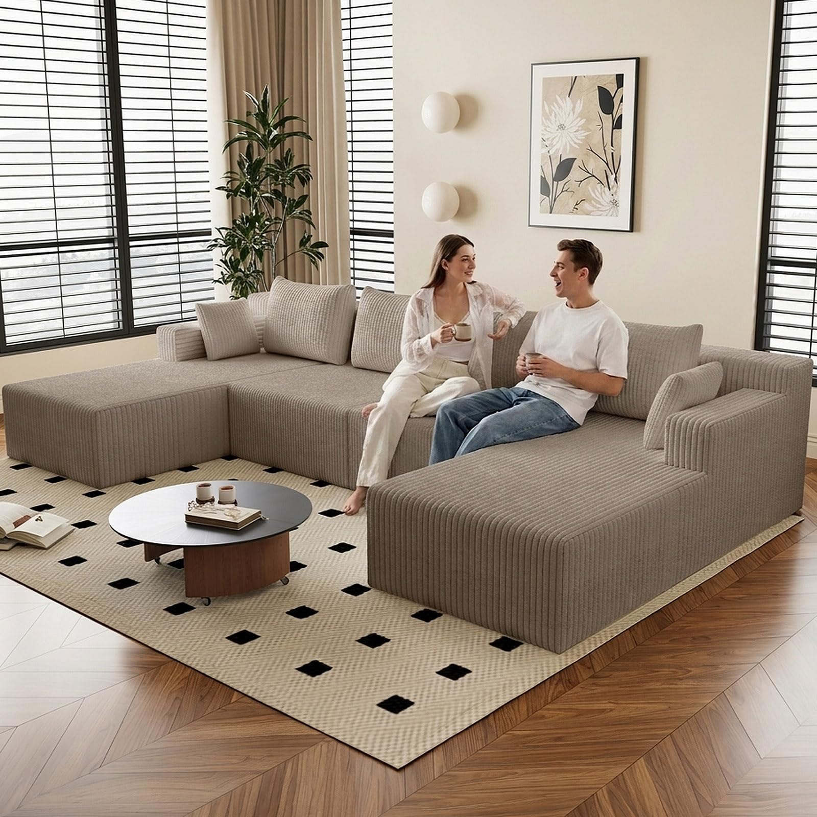 142" U-Shape Cloud Couch, Modern Modular Sectional U-Shape Sofa, Corduroy Boneless Couch Upholstered Couches Deep Seat Sleeper Chaise Longue for Living Room, No Assembly Required,Camel