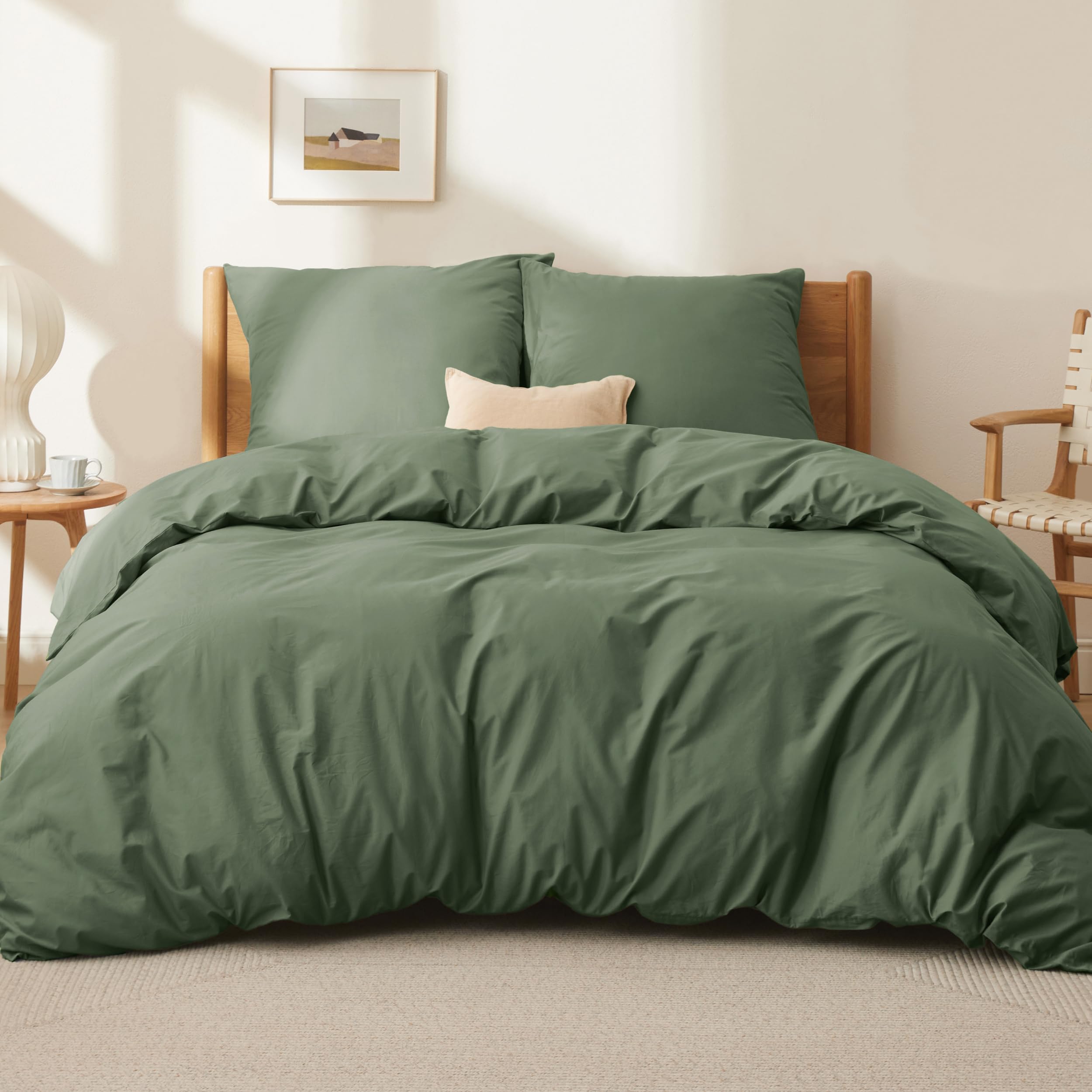 Bedsure Poszwa na kołdrę 240x220 - Parure w 100% z bawełny Certyfikat Oeko-Tex - Zestaw poszewek na kołdrę 220 x 240 + 2 poszewki na poduszki 65 x 65 cm z zamkiem błyskawicznym - Oliwkowa zieleń