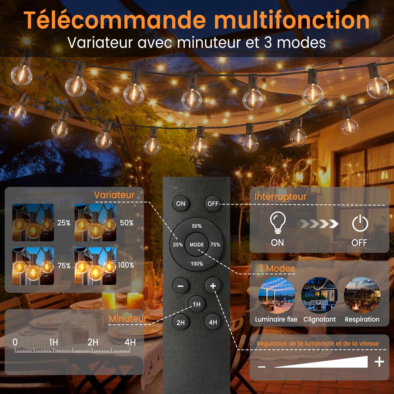 Guirlande Lumineuse Exterieure 45M avec Télécommande, Guirlande Guinguette avec 75+3 G40 LED Ampoules, Dimmable, Étanche Chaîne Lumiere Exterieur pour Patio Terrasse Fête Mariage