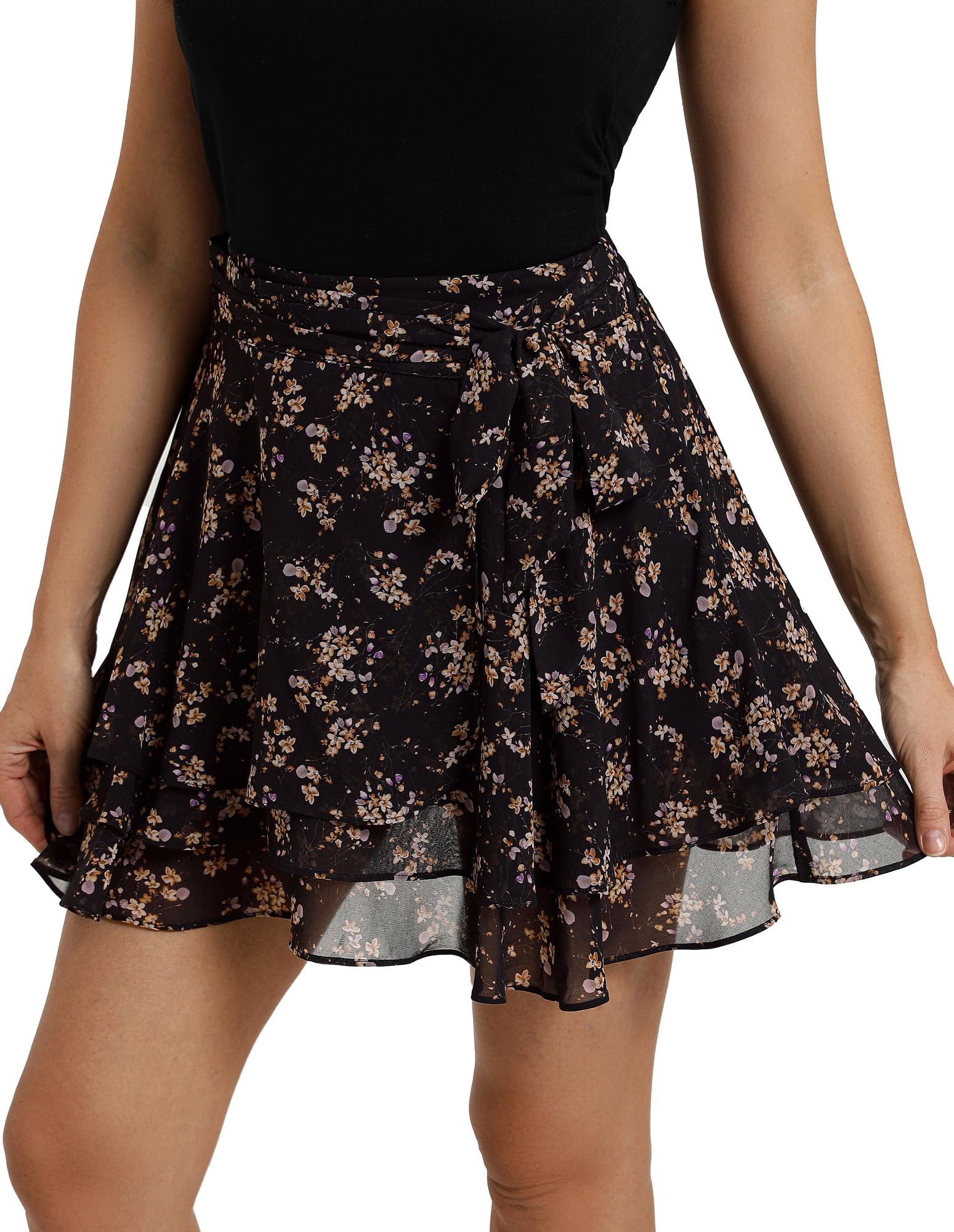 Belle Poque Womens Flowy Ruffle Mini Skirt with Shorts Underneath Elastic Waist Boho Skirt Floral Mini Skirt Summer