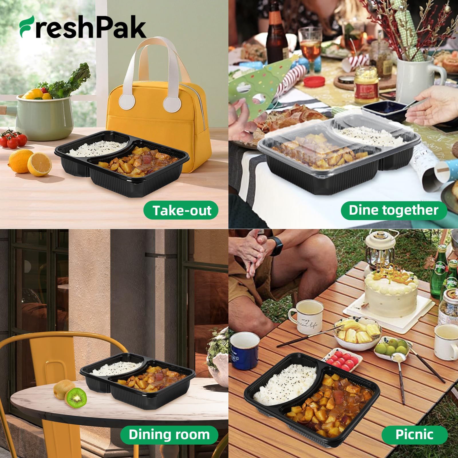 FRESHPAK Contenedor de preparación de comidas, 2 compartimentos, paquete de 40 contenedores con tapas, reutilizables, sin BPA, aptos para microondas y congelador, ideal para control de porciones y