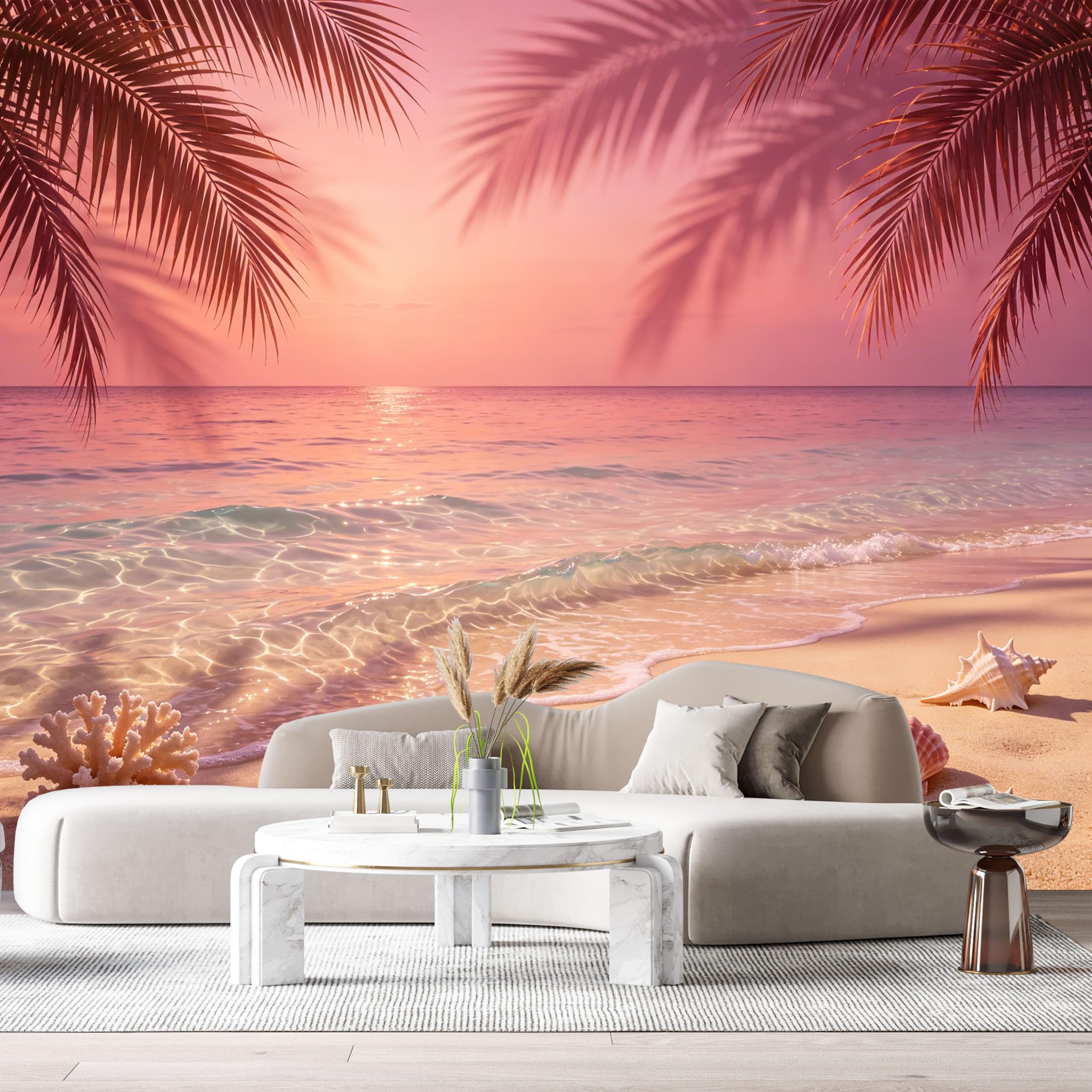 Custom Size Wall Murals Tropical Coastal Sunset Ocean Marine Watercolor Palm Tree Seashells SelfAdhesive Wall Fabric Removable Large Wallpaper for Photo Living Room