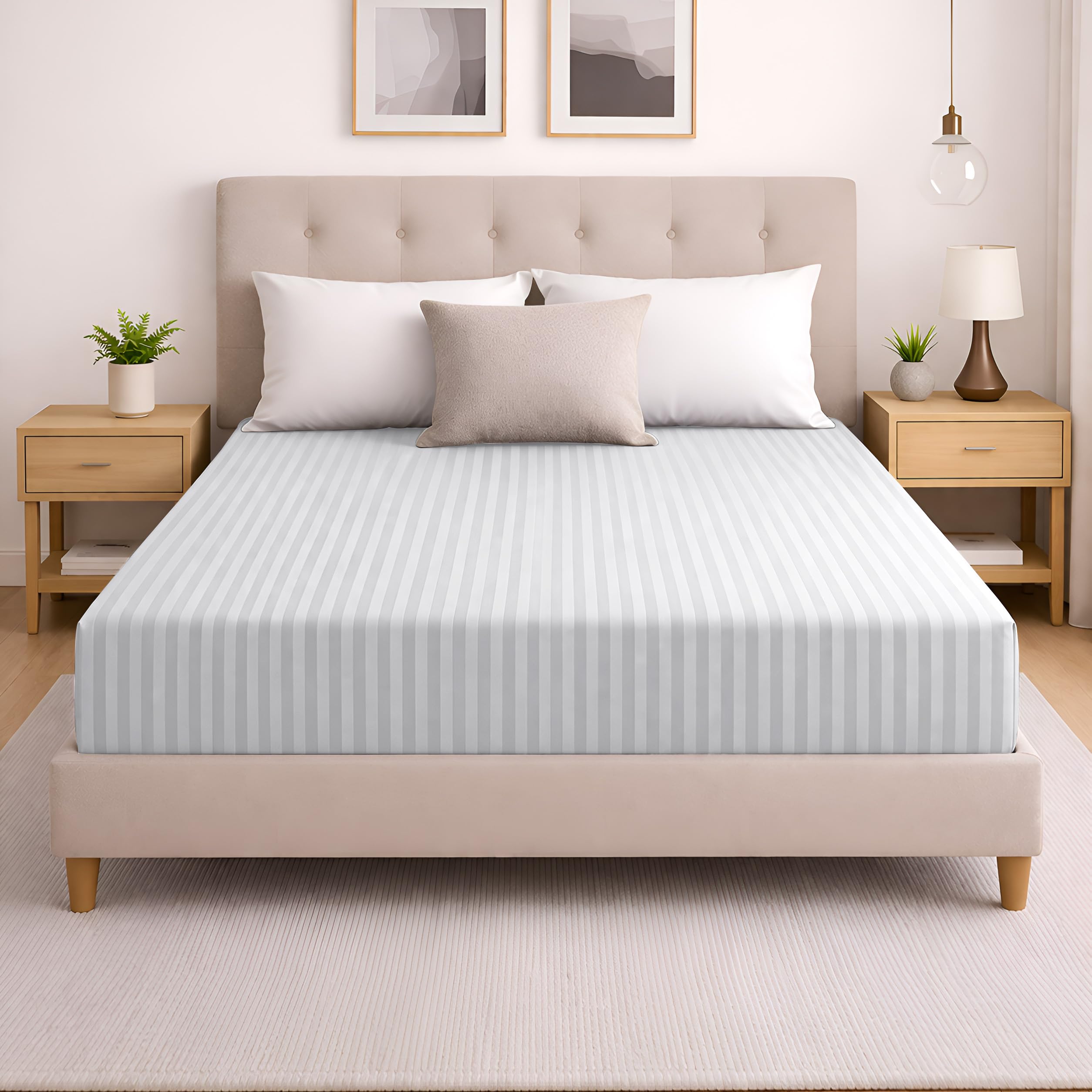 Moonlight20015 White Fitted Sheet King 40Cm Extra Deep Pocket Bed Sheets With Satin Stripes Elastic Corners Soft Brushed Microfiber Breathable & Fade-Resistant & Shrinkage Bedsheets
