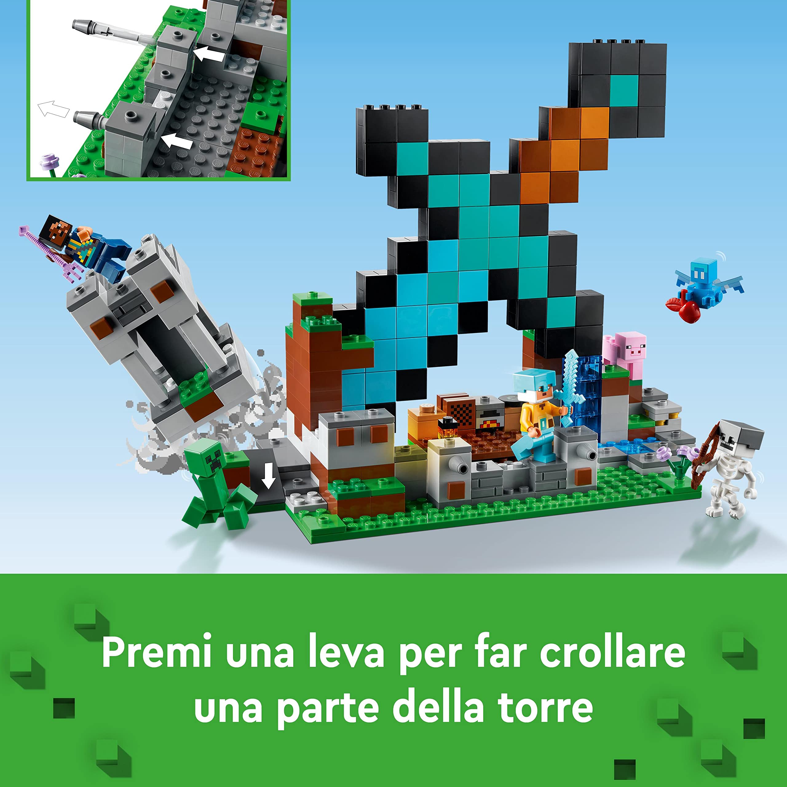 LEGO Minecraft L'Avamposto della Spada Giocattolo da Costruire con Figure di Creeper, Soldato, Guerriero Guardiano e Scheletro, Giochi per Bambini e Bambine da 8 Anni, Idea Regalo di Compleanno 21244