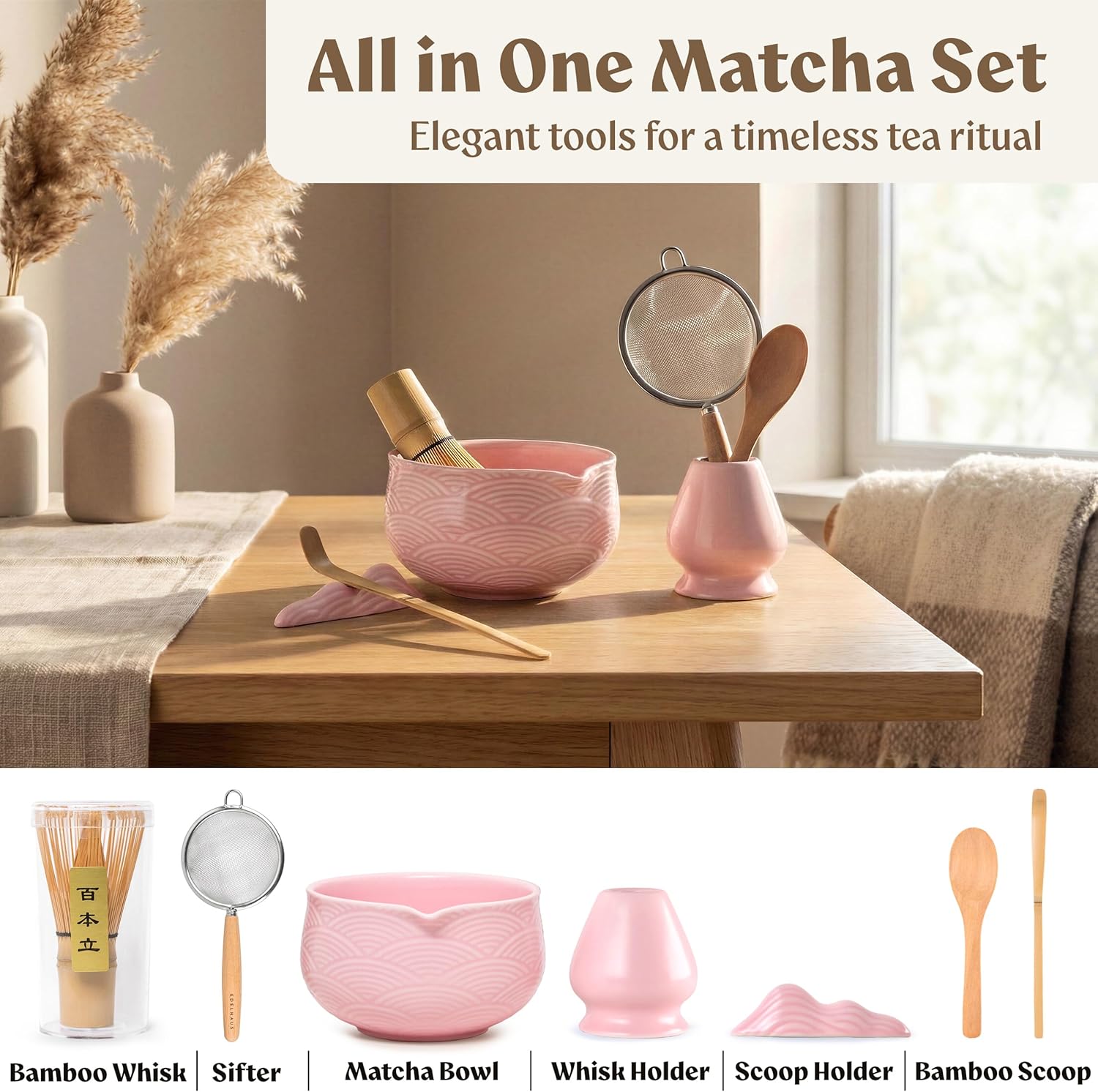 Matcha Kit Whisk Set (7 Pcs) - Complete Matcha Set, Matcha Bowl with Spout, Whisk with Holder, Bamboo Scoop with Rest and Sifter, Perfect Kit for Matcha Lovers (Sakura Pink) - Image 7
