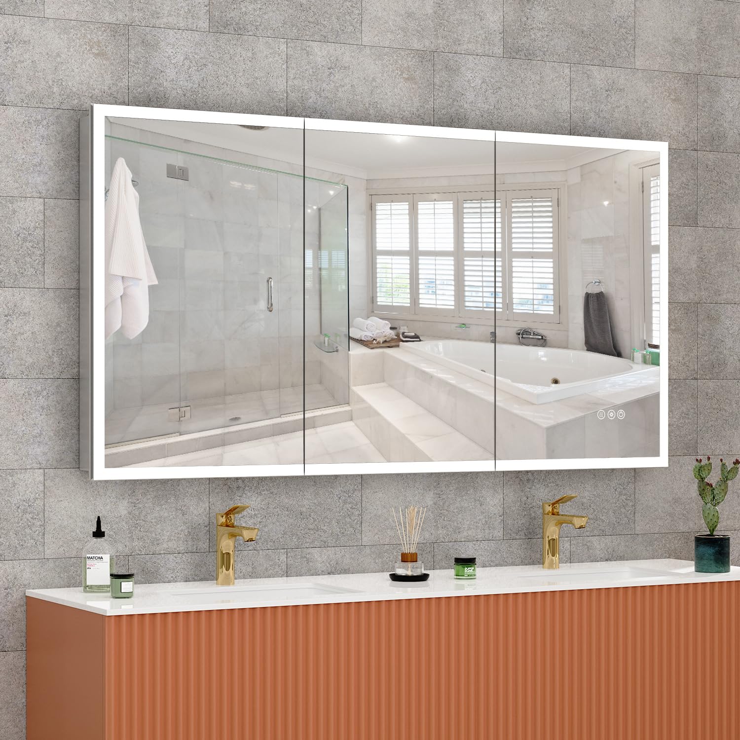 GUIQIYANG LED Lighted Medicine Cabinet with Mirror, 60X32 Inches Bathroom Mirror Cabinet with Lights, Recessed or Wall Mounted, 3 Color Temperatures, Anti-Fog