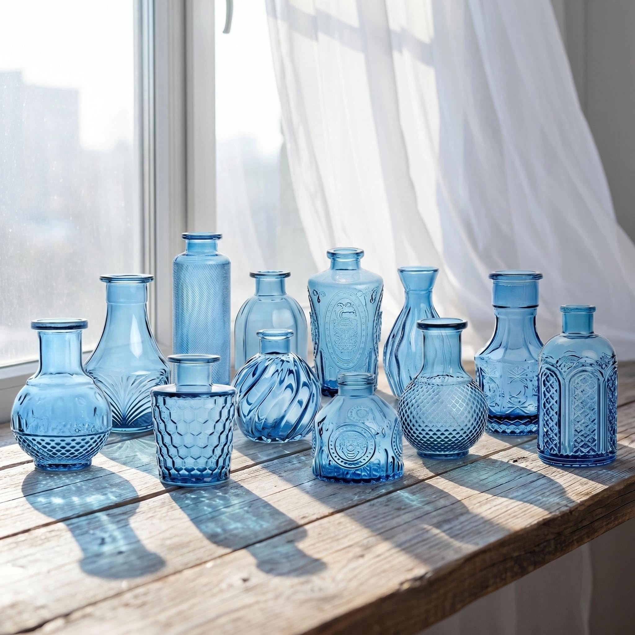 12 Stück, Kleine Glasvasen Small Vase, Vintage-Stil mit Strukturmuster, für Blumen und Heimdekoration (Blau, 12 Stück)