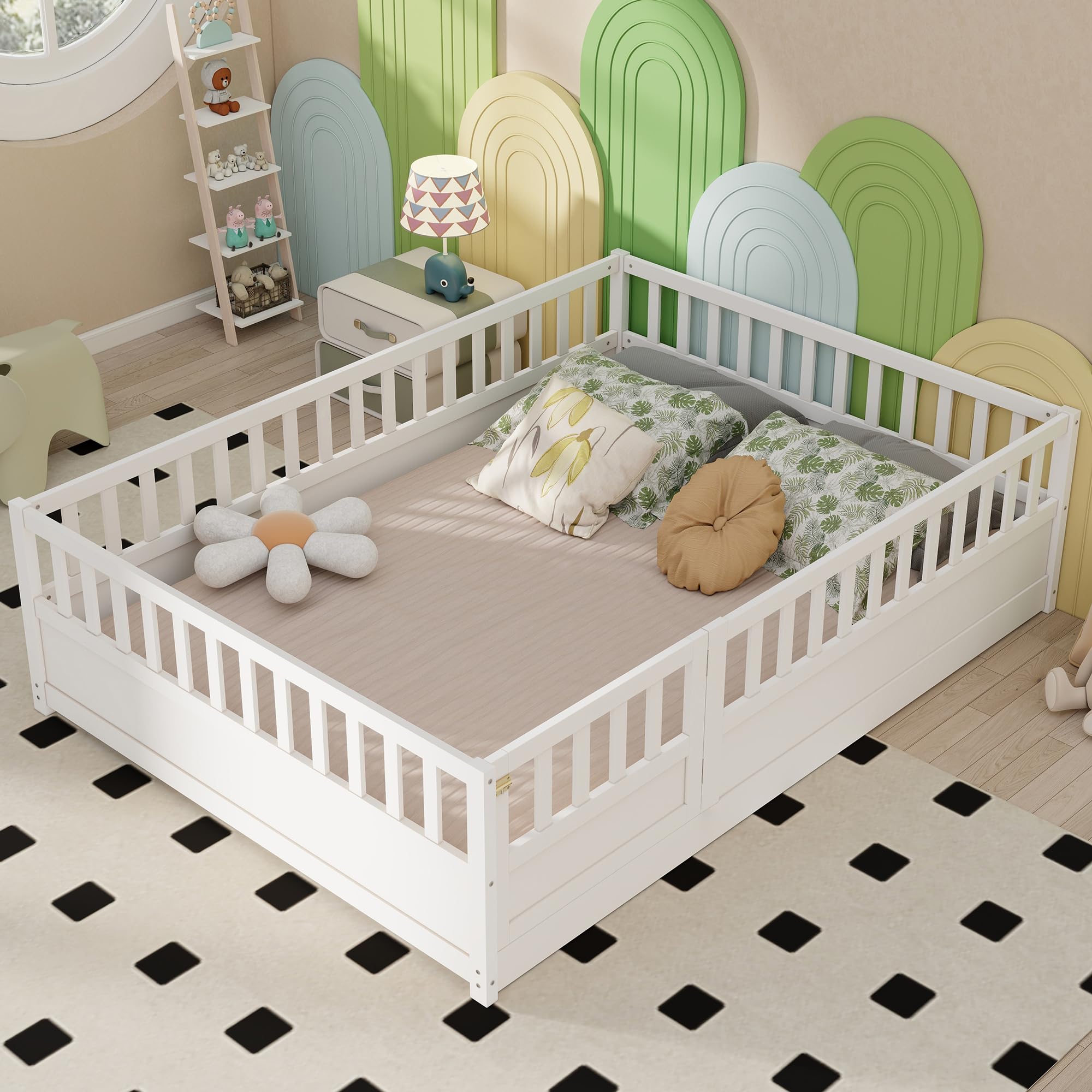 Full Size Floor Bed with High Fence and Door, Montessori Floor Bed Full Size, Full Size Montessori Beds for Kids, Girls, Boys, White