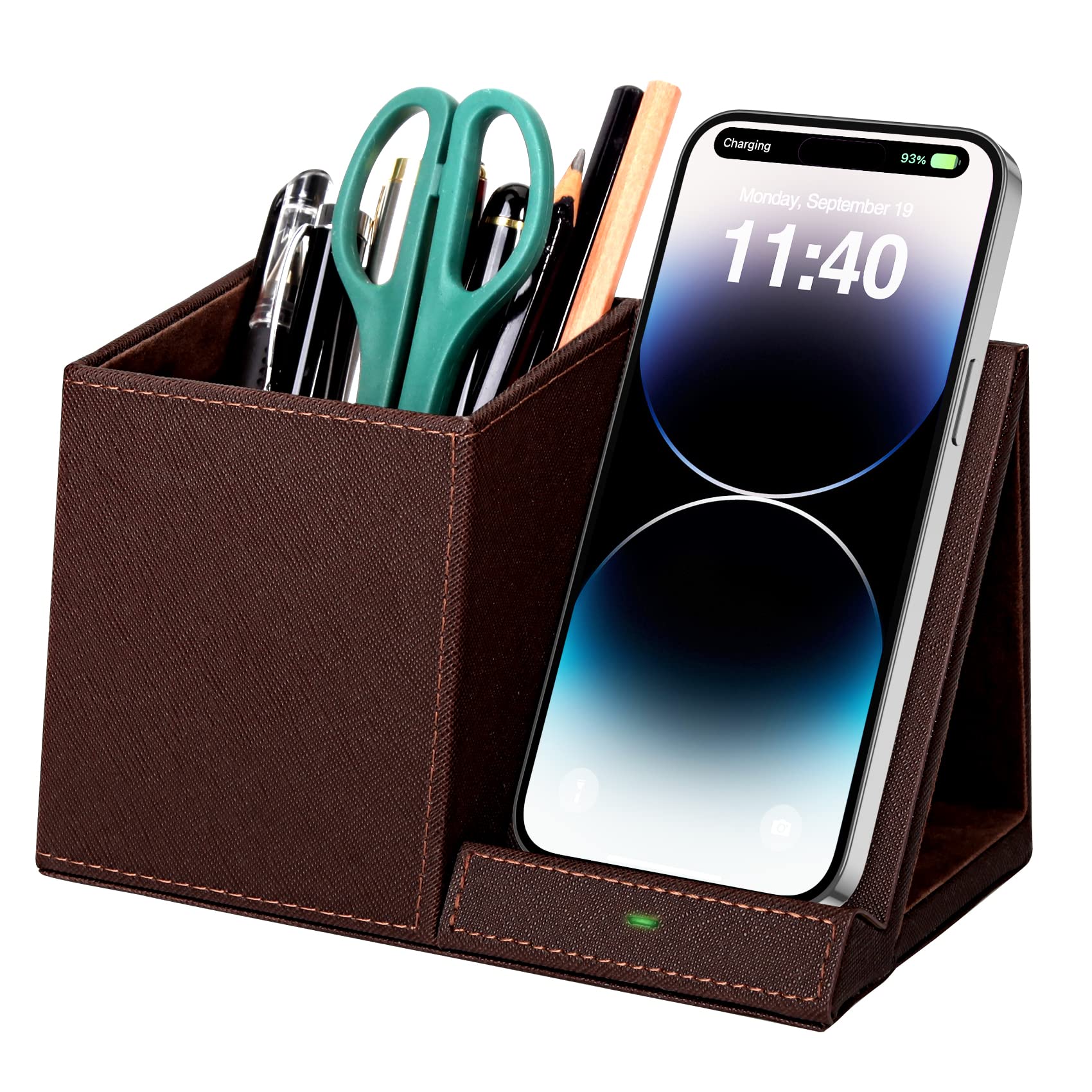 Pen Holder with Wireless Charger, Compatible with iPhone 17/16/15/14/13/12/11/8 Series, Pencil Holder Phone Stand for Desk Home Office, Men Gift Husband Wife Anniversary Dad Birthday Idea Gadget