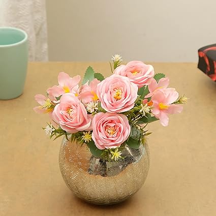 BS AMOR Artificial Flower with Glass Vase Flowers Arrangement Flowers Polyster Bunch for Home Office D cor Table Centerpiece House Decorations(Silver Vase and Pink Bunch)