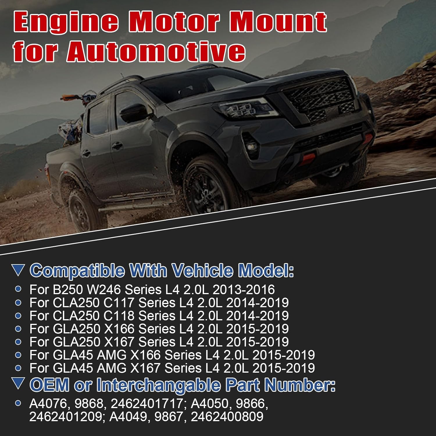 3Pcs Engine Motor Mount Compatible with B250 W246 2013-2016 & for CLA250 C117/C118 2014-2019 & for GLA250 2015-2019 & for GLA45 AMG 2015-2019 L4 2.0L Transmission Mount Set, Replace A4076 A4050 A4049