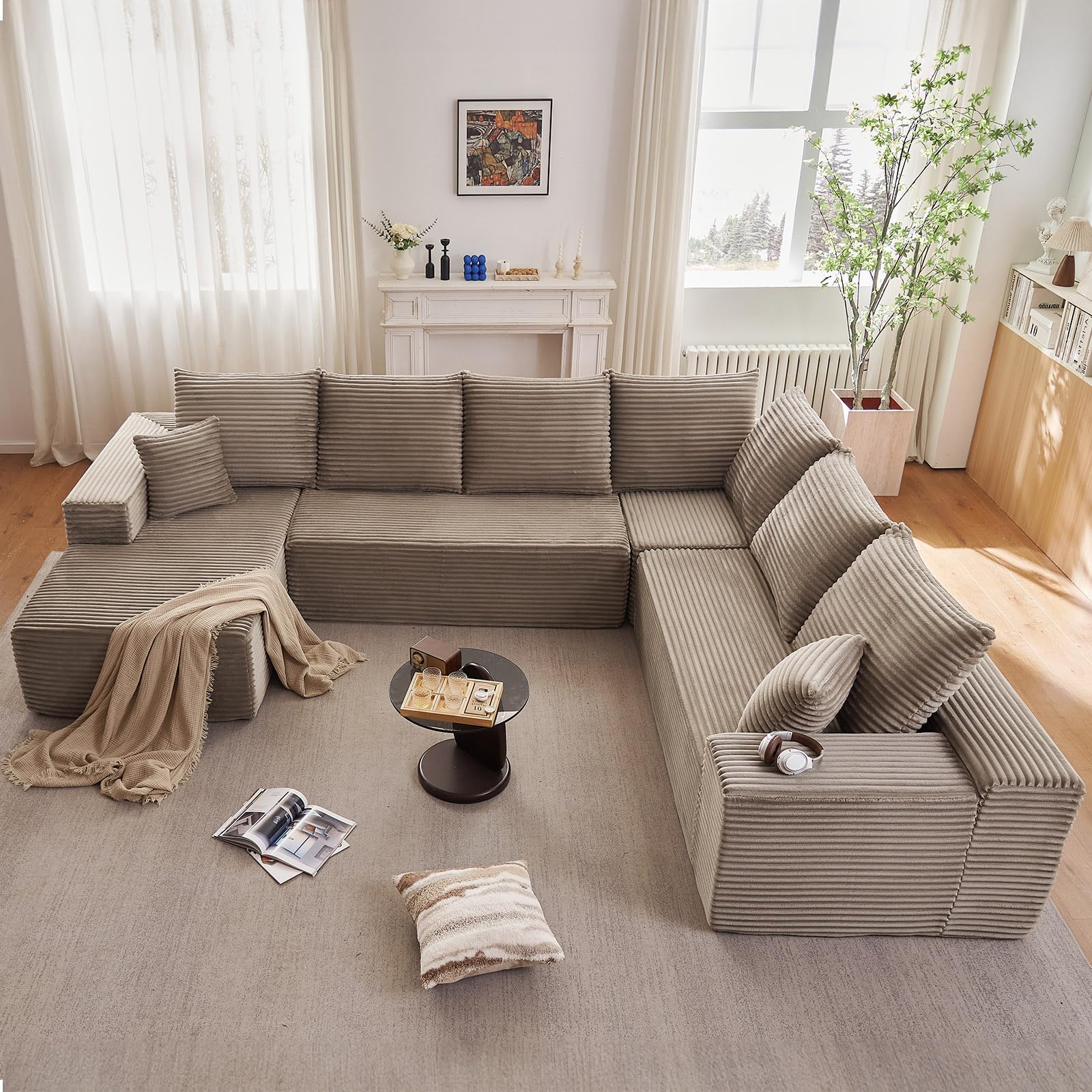 Oversized Modular Sectional Sofa Couch, Large 6 Seater Corner Sofa Modern U Shaped Sectional Couch Cloud Couches for Living Room, Office, Spacious Space, Corduroy, No Assembly Required, Camel