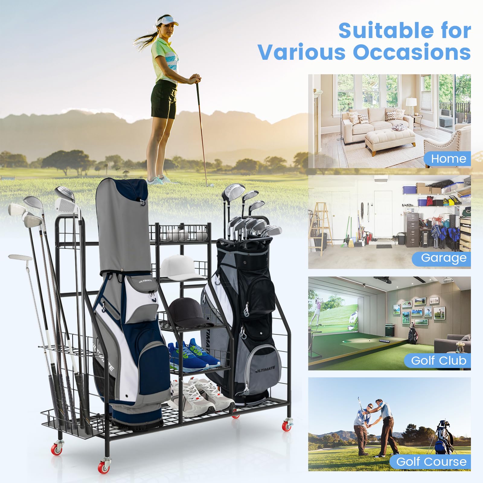 GYMAX Organiseur de Rangement pour Clubs de Golf avec 4 Roues Universelles, Rangement Clubs Golf en Métal pour Sac et Accessoires de Golf avec Étagères, 120,5x37,5x105 cm