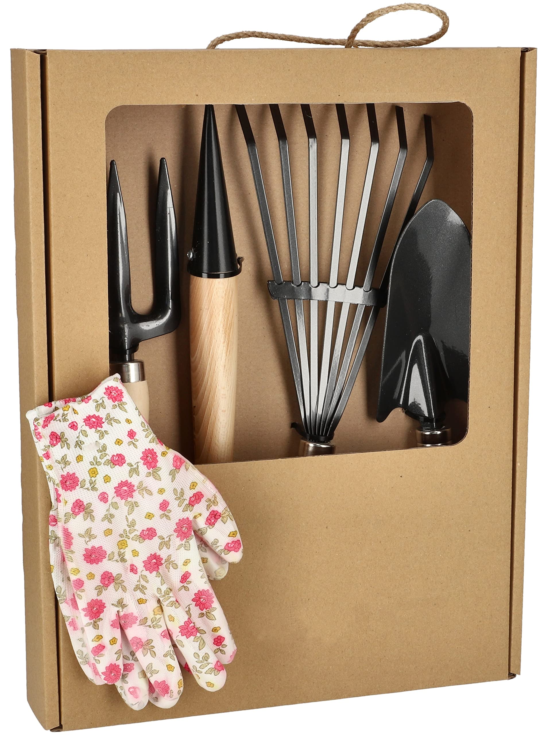 KOTARBAU® Set di 5 Piccoli Attrezzi da Giardinaggio Rastrello Forchetta Cazzuola e Guanti con Manico in Legno Universale per Giardino Accessori da Giardino Strumenti Utensili da Giardinaggio