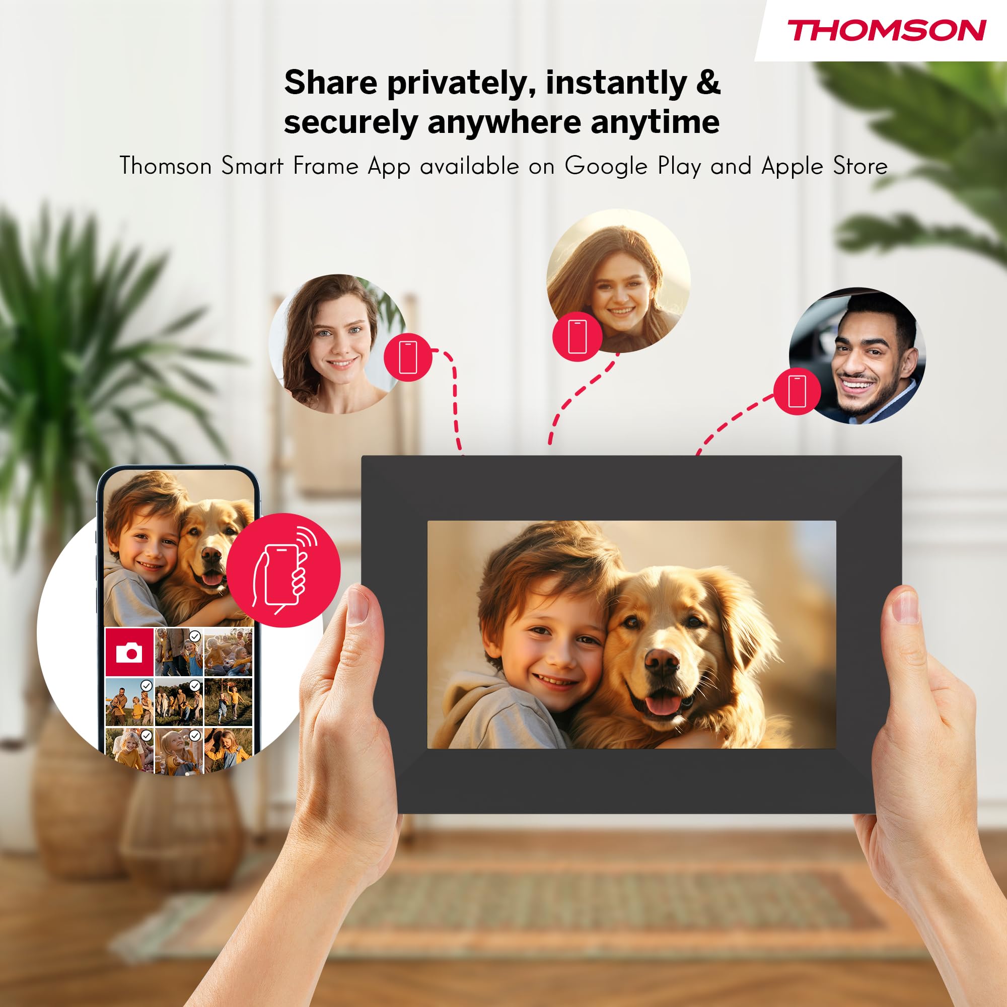 Thomson Digitaler Bilderrahmen 7 Zoll, IPS-Bildschirm, HD-Touchscreen, WLAN, Direktes Teilen über iOS/Android App, Smart-Funktionen, Elektronischer Fotorahmen mit 32 GB Speicher, Automatische Drehung