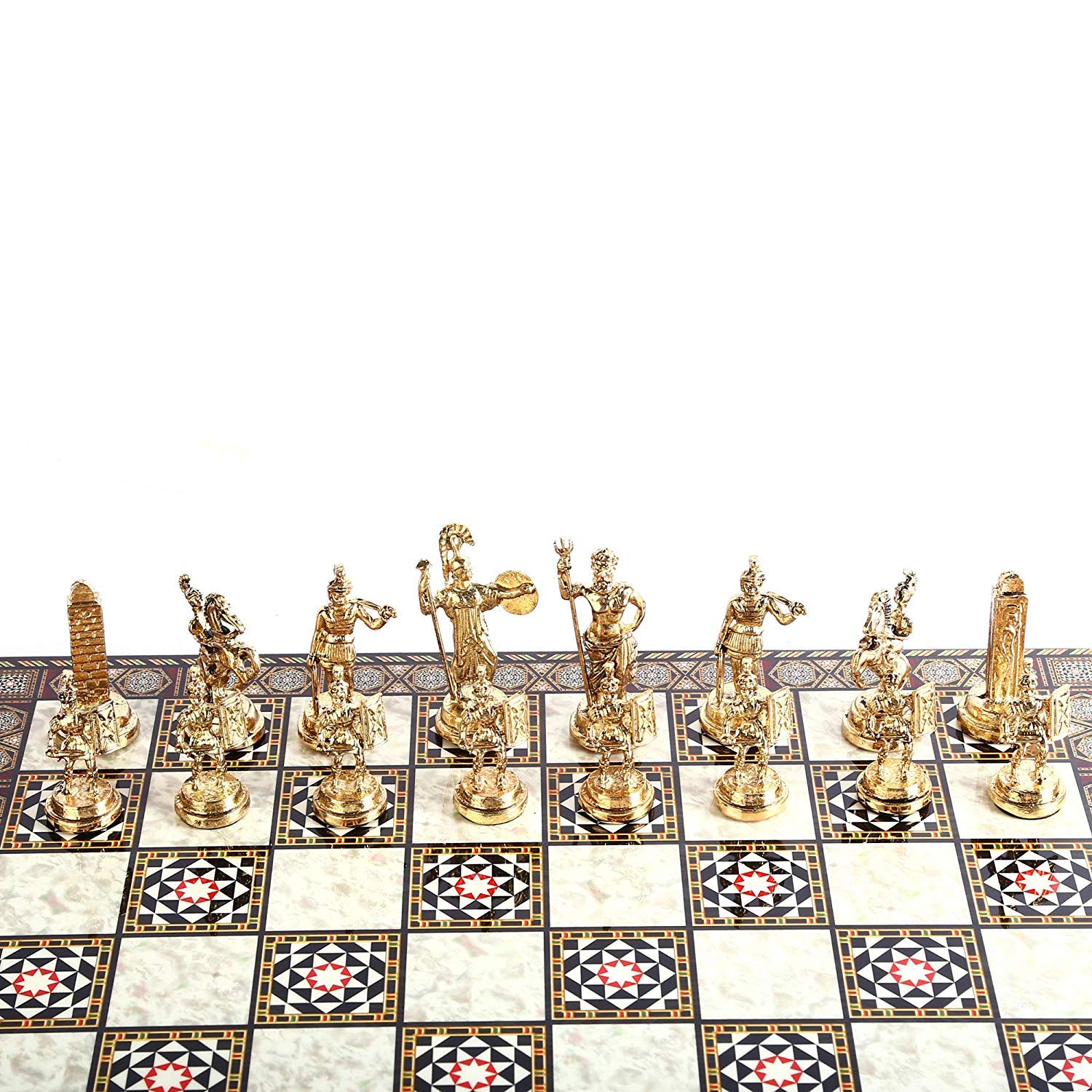 GiftHome Historische römische Figuren aus Metall Schachset für Erwachsene, handgefertigte coole Stücke und Perlmutt gemustertes Holz Schachbrett König 7,1 cm