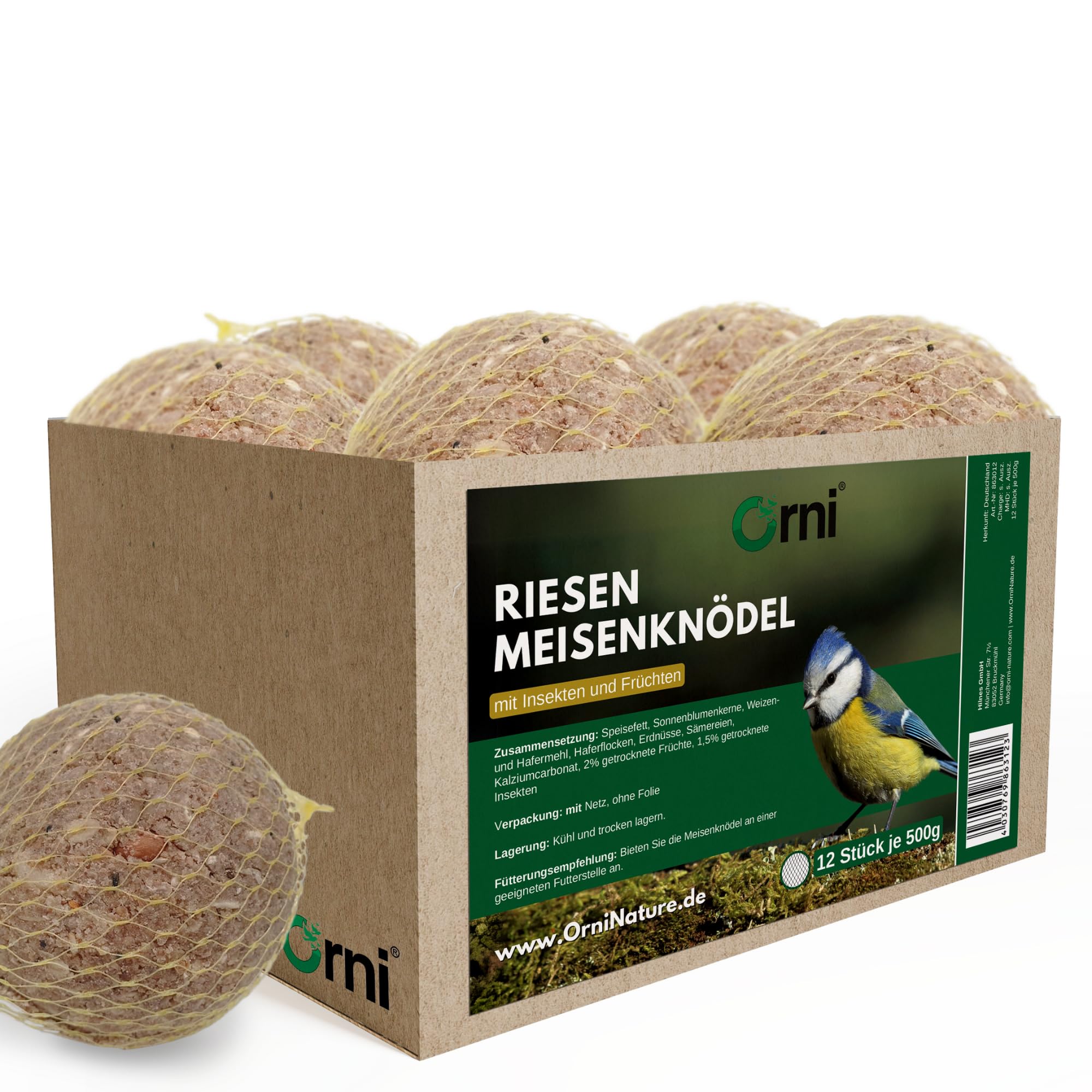 Orni Riesen Meisenknödel mit Insekten 500g | 12 Stück | Leckerer Insektenknödel mit Netz zum Aufhängen | beliebt bei Amseln Meisen und Co | Ganzjahresknödel für Winter, Frühjahr und Sommer