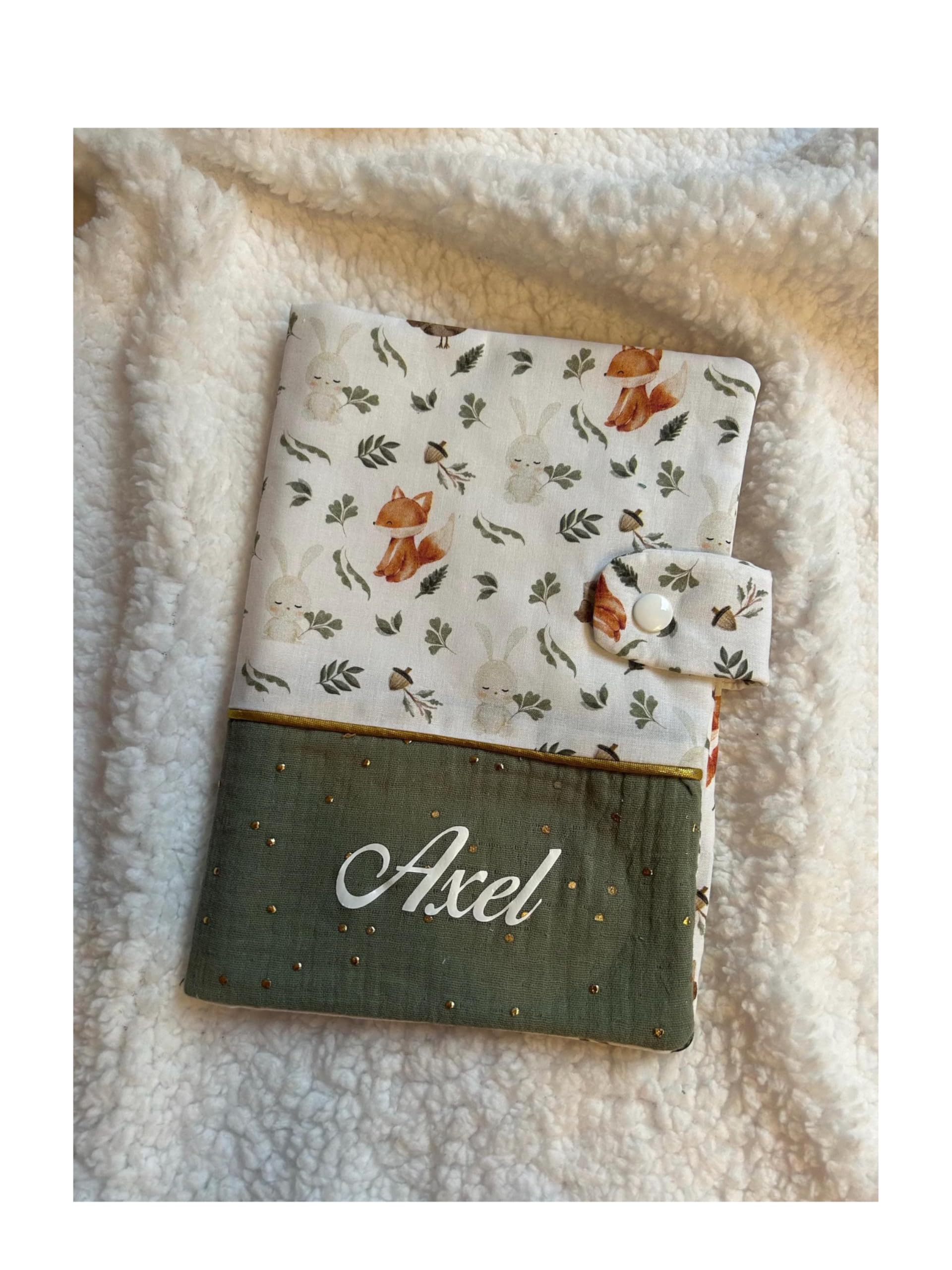 Protège Carnet de Santé Bébé Personnalisé – Prénom – Idée Cadeau Naissance Fille & Garçon- Renard et vert