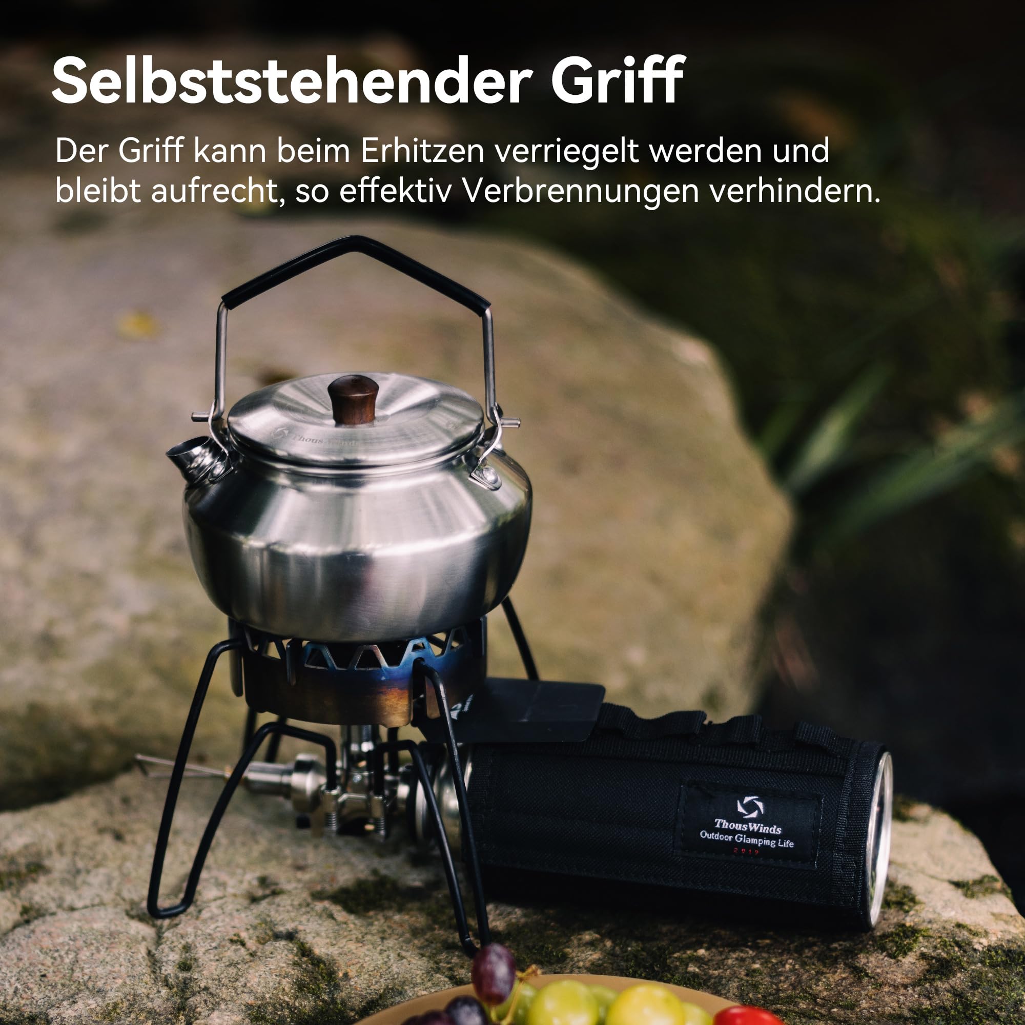 Thous Winds Edelstahl Camping Wasserkocher, 0.6L Kompakt Outdoor Teekocher, Ultraleichter Teekanne Kaffeekanne für Indoor, Outdoor, Camping, Wandern, Picknick - Silber