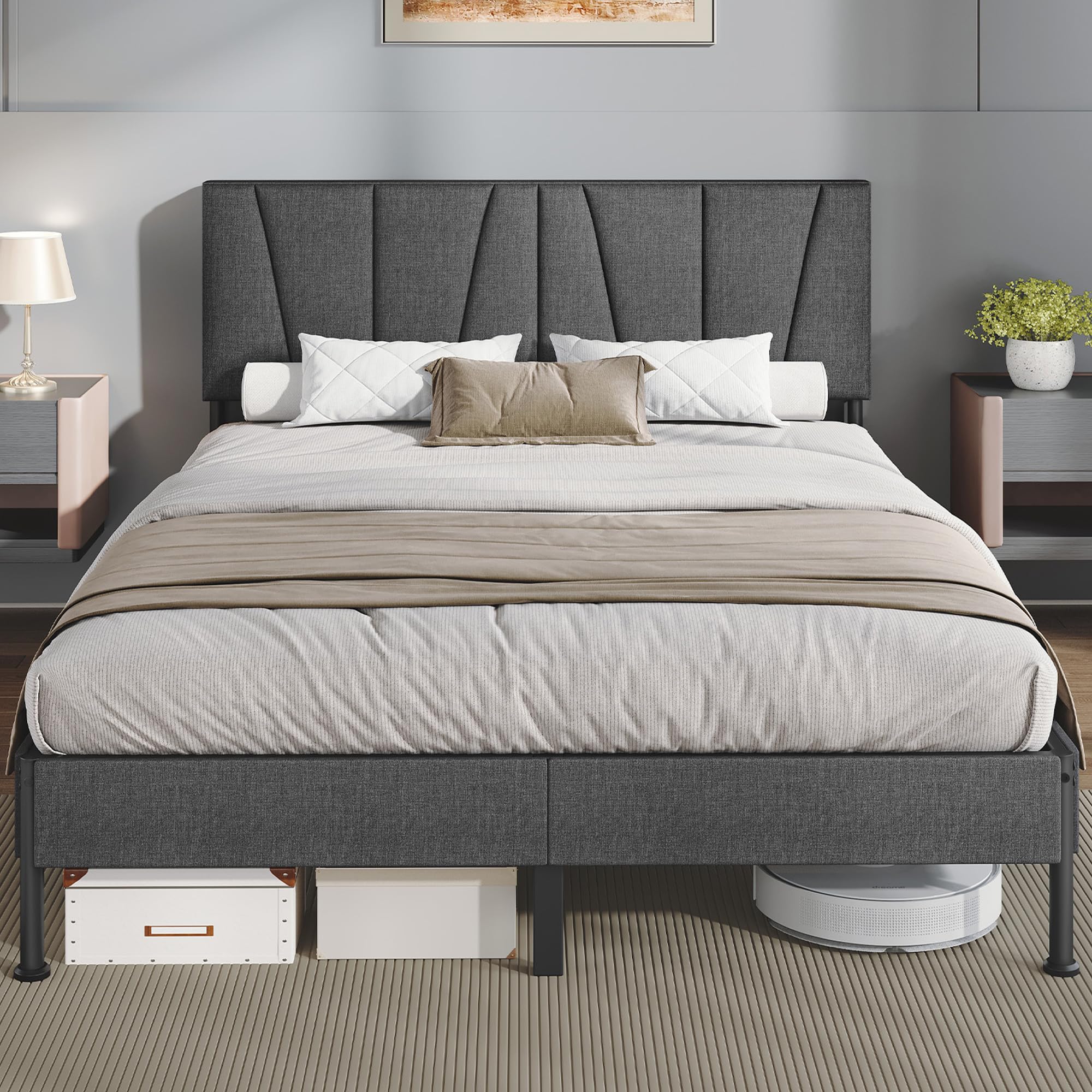 Fully assembled Hzuaneri EBF40199B bed frame in a modern bedroom.