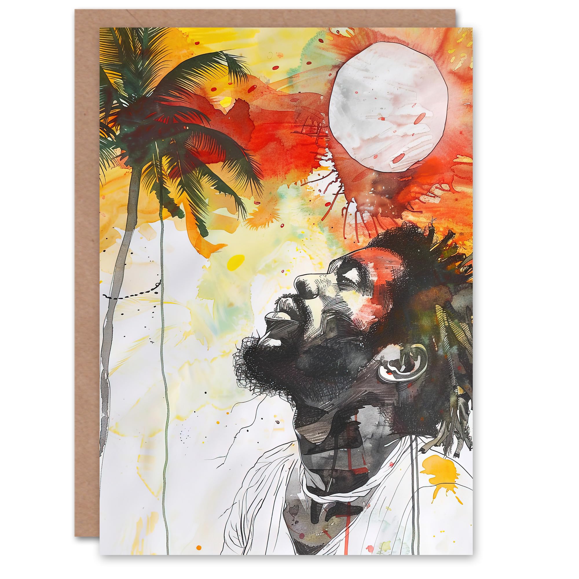 Artery8 Greeting Card Jamaican Man Portrait Sunset Palm Tree Rastafari Blank For Him Or Her Art Birthday Card