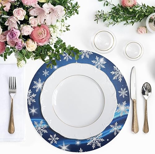 Miniatura 5 de Kcldeci Juego de 4 manteles individuales de Navidad para mesa de comedor, diseño de copos de nieve de Navidad, color azul, manteles individuales