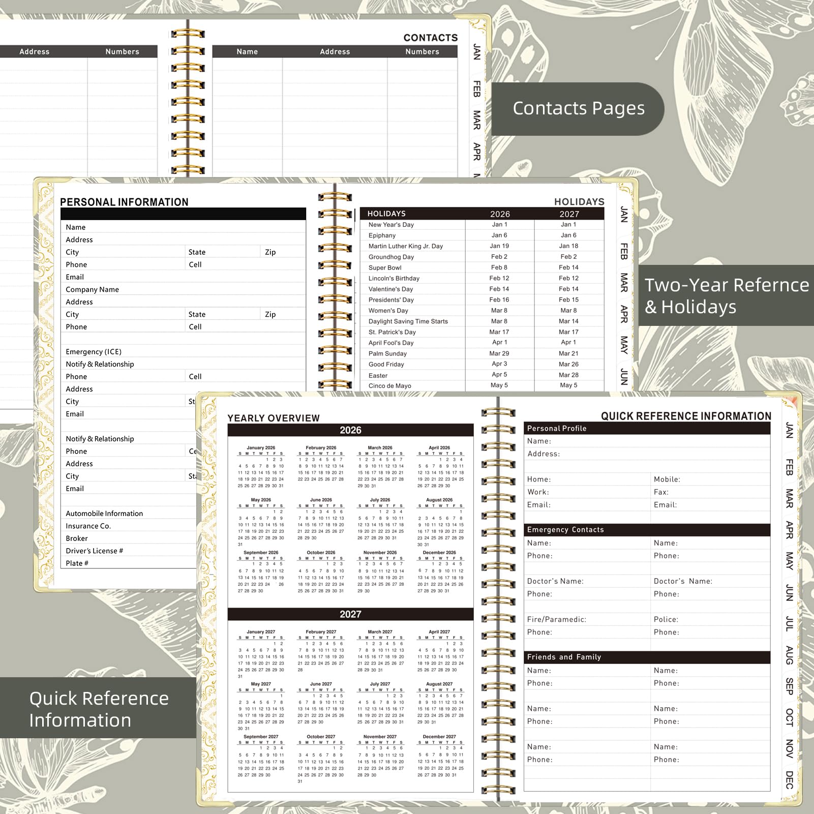 Knagsfa 2026 Planner, Jan.2026 - Dec.2026 Planner Weekly and Monthly 6.25"x8.5" with Page Tabs, Calendar Hardcover with Inner Pocket, Elastic Band, Twin-Wire Binding, Bookmark, Gray Butterfly - Image 3