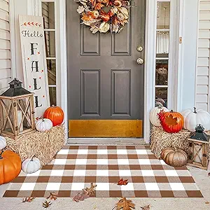 Ckorzen Coffee and White Plaid Rug, 3' x 5' Outdoor Front Porch Door Decor Mat, Washable Cotton Woven Farmhouse Area Rug for Layered Door Mats Carpet, Entryway, Easter Décor