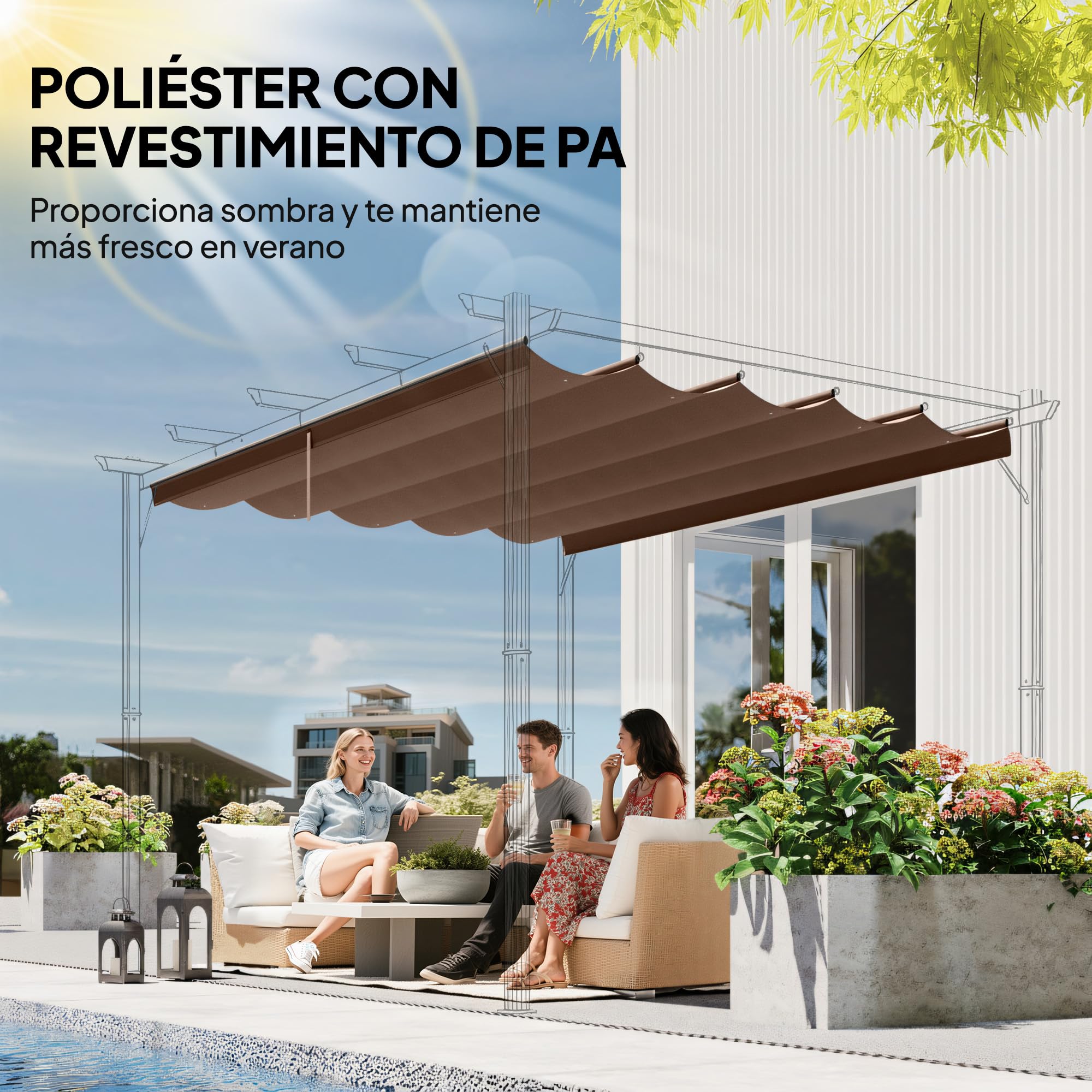 Outsunny Techo de Pérgola 3,5x2,6 m, Techo de Repuesto Retráctil para Marco de Pérgola de 4x3 m, UV30+, Toldo de Tela Solo para Cenador Jardín con 10 Orificios de Drenaje, Café