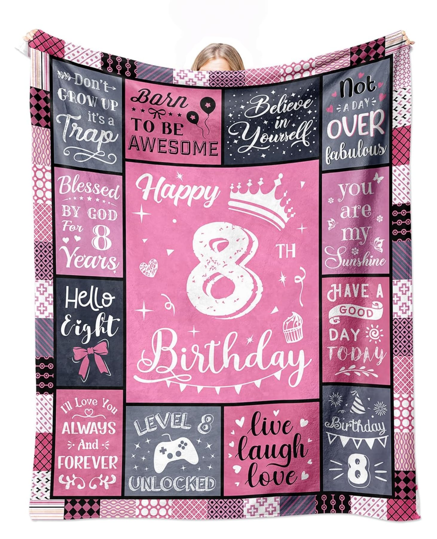Couverture anniversaire fille 8 ans | Plaid déco 150x230 cm