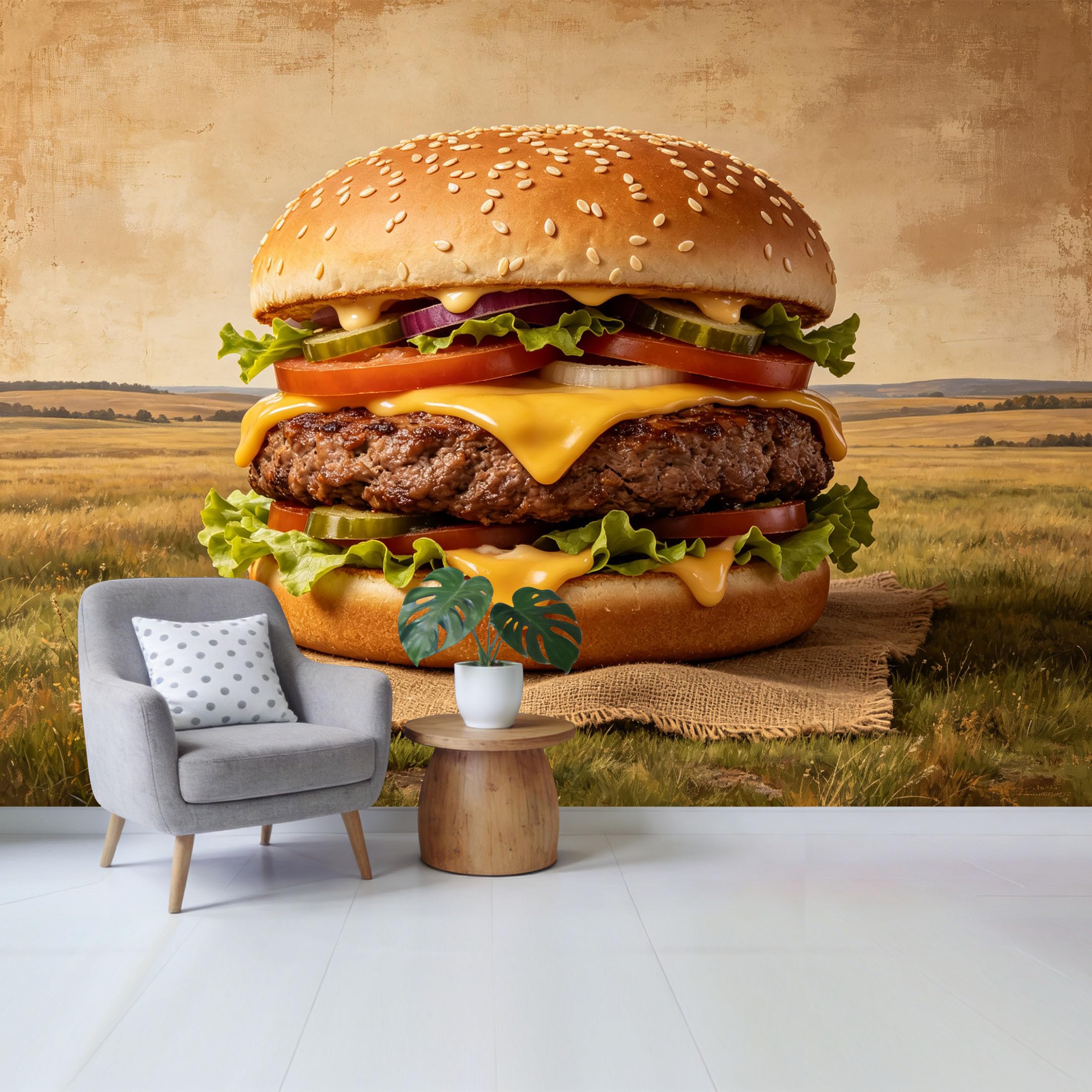 Qzlithotic Yq2605250955 Custom Size Wall Mural Delicious Cheeseburger Macro Photography Rustic Farmhouse Style Selfadhesive Wall Fabric Removable Wallpaper For Home Office Decor