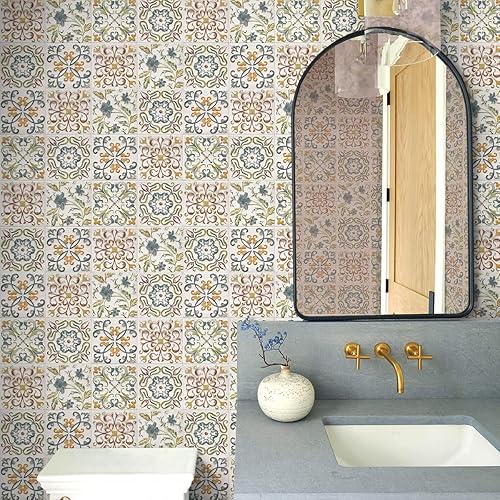 Miniatura 4 de Wudnaye Papel tapiz bohemio para despegar y pegar, papel de contacto de azulejos de imitación de 17 x 118 pulgadas, patrón de azulejos, extraíble,