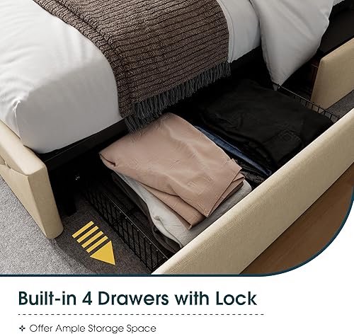 Miniatura 21 de WEEWAY Base de cama de plataforma tamaño Queen con 4 cajones de almacenamiento, cabecera capitonada con botones de costura de diamante, base de